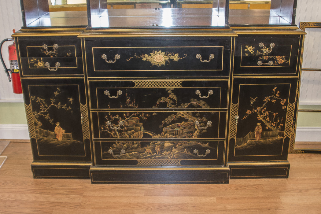 Chinoiserie Breakfront China Cabinet With Butlers Desk
