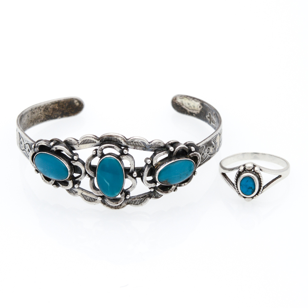 Sterling Silver Synthetic Turquoise Cuff and Ring