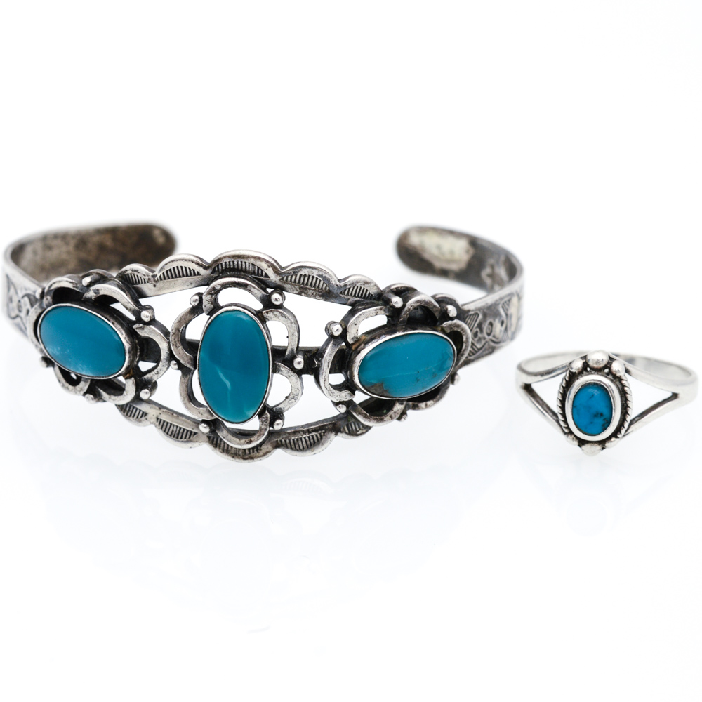 Sterling Silver Synthetic Turquoise Cuff and Ring