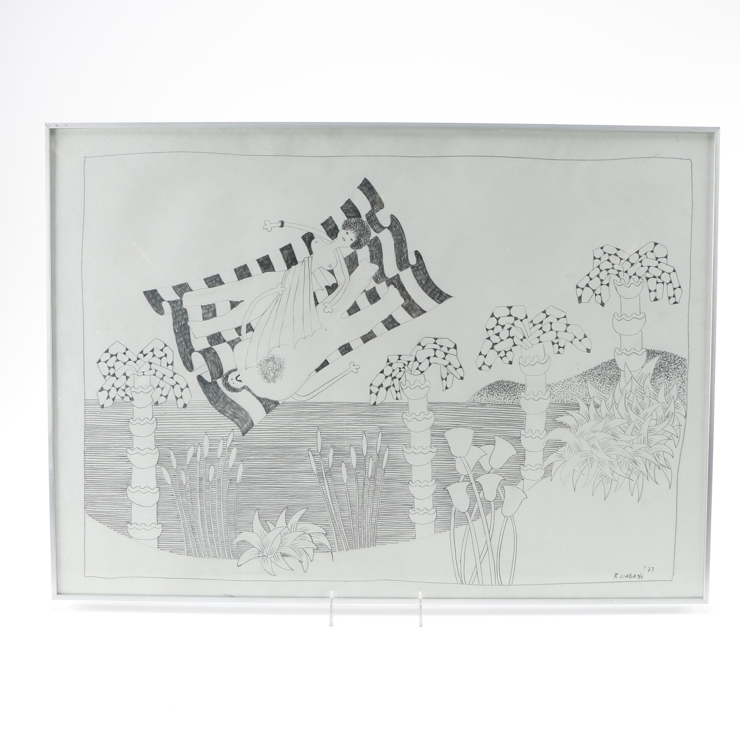 1973 R.Ciabaoti Graphite Drawing of a Nude Couple at the Shore