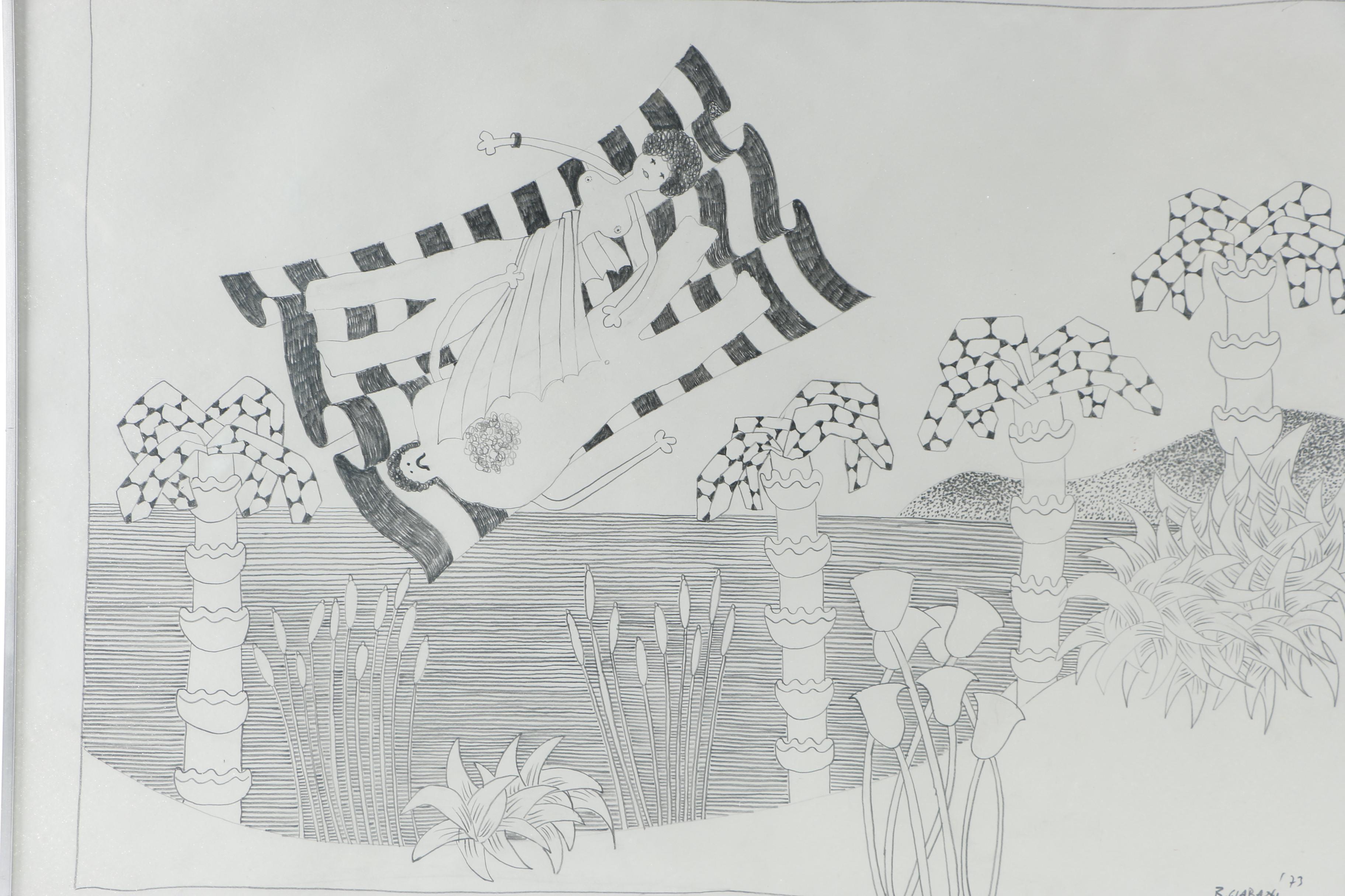 1973 R.Ciabaoti Graphite Drawing of a Nude Couple at the Shore