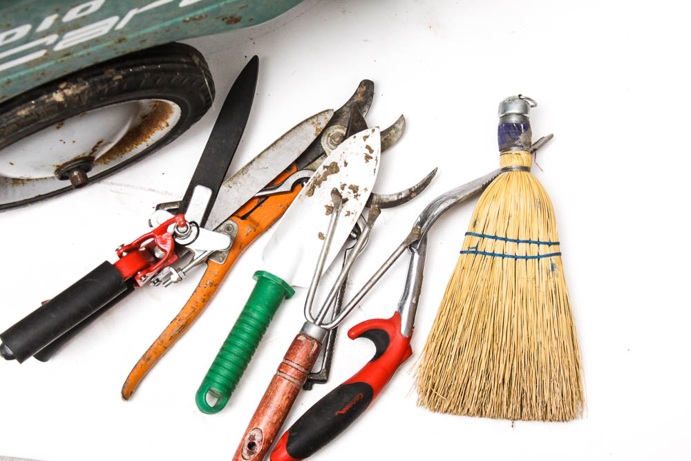 Vintage Radio Cart and Gardening Tools