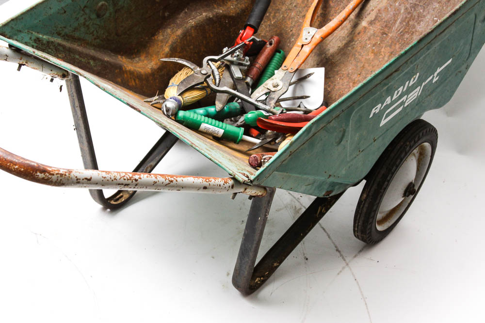Vintage Radio Cart and Gardening Tools