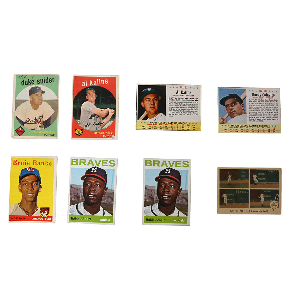 Assortment of Vintage Baseball Cards Including Ernie Banks and Hank Aaron