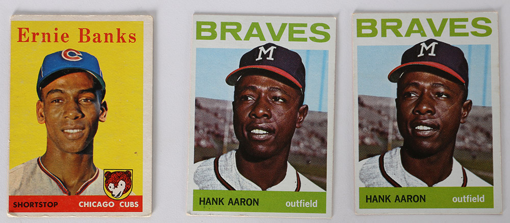 Assortment of Vintage Baseball Cards Including Ernie Banks and Hank Aaron