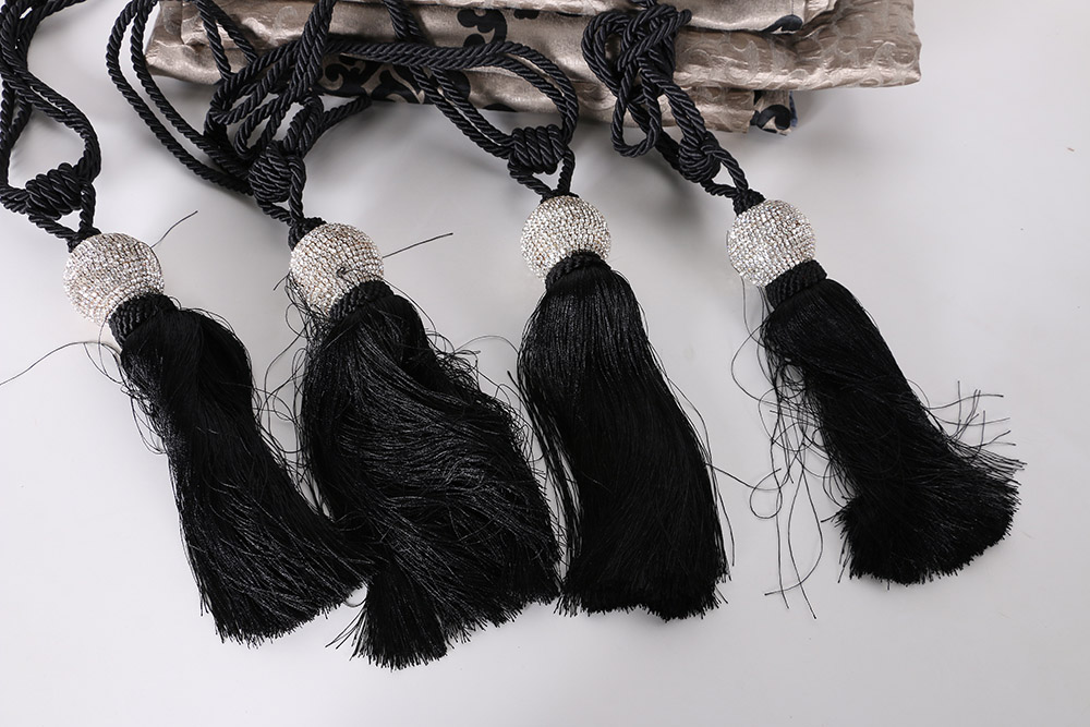 Silver Taupe Drapes With Black Medallions and Rhinestone Embellished Tassel Ties