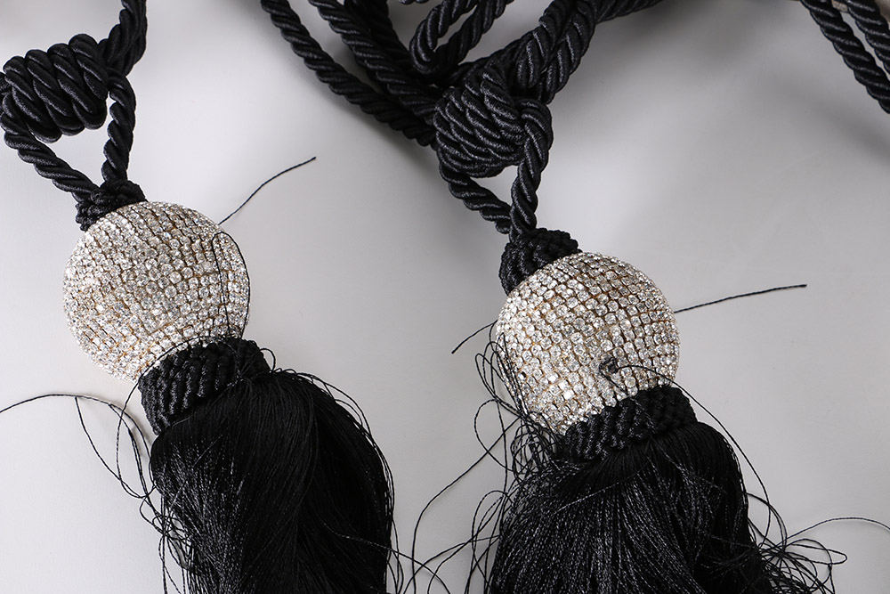 Silver Taupe Drapes With Black Medallions and Rhinestone Embellished Tassel Ties