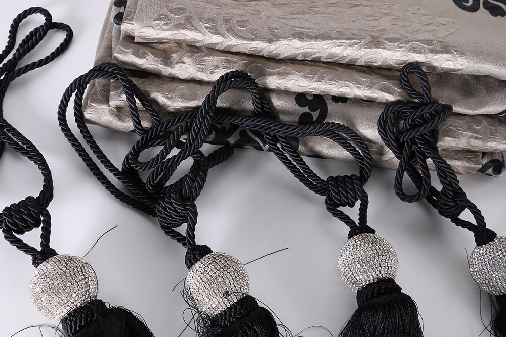 Silver Taupe Drapes With Black Medallions and Rhinestone Embellished Tassel Ties