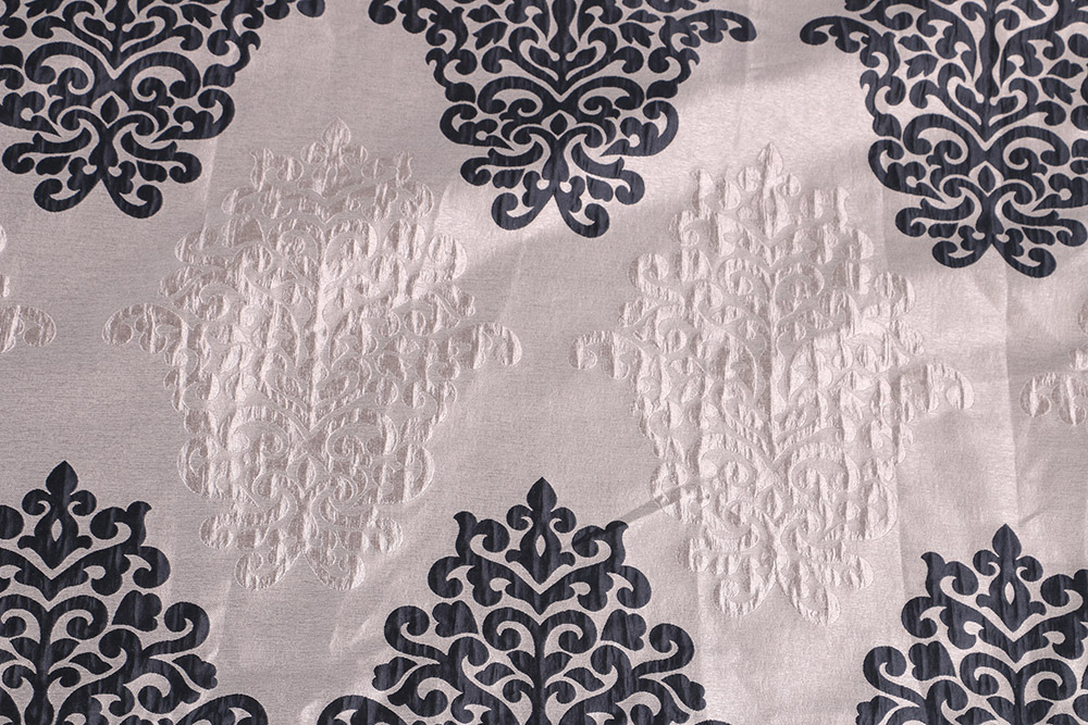 Silver Taupe Drapes With Black Medallions and Rhinestone Embellished Tassel Ties