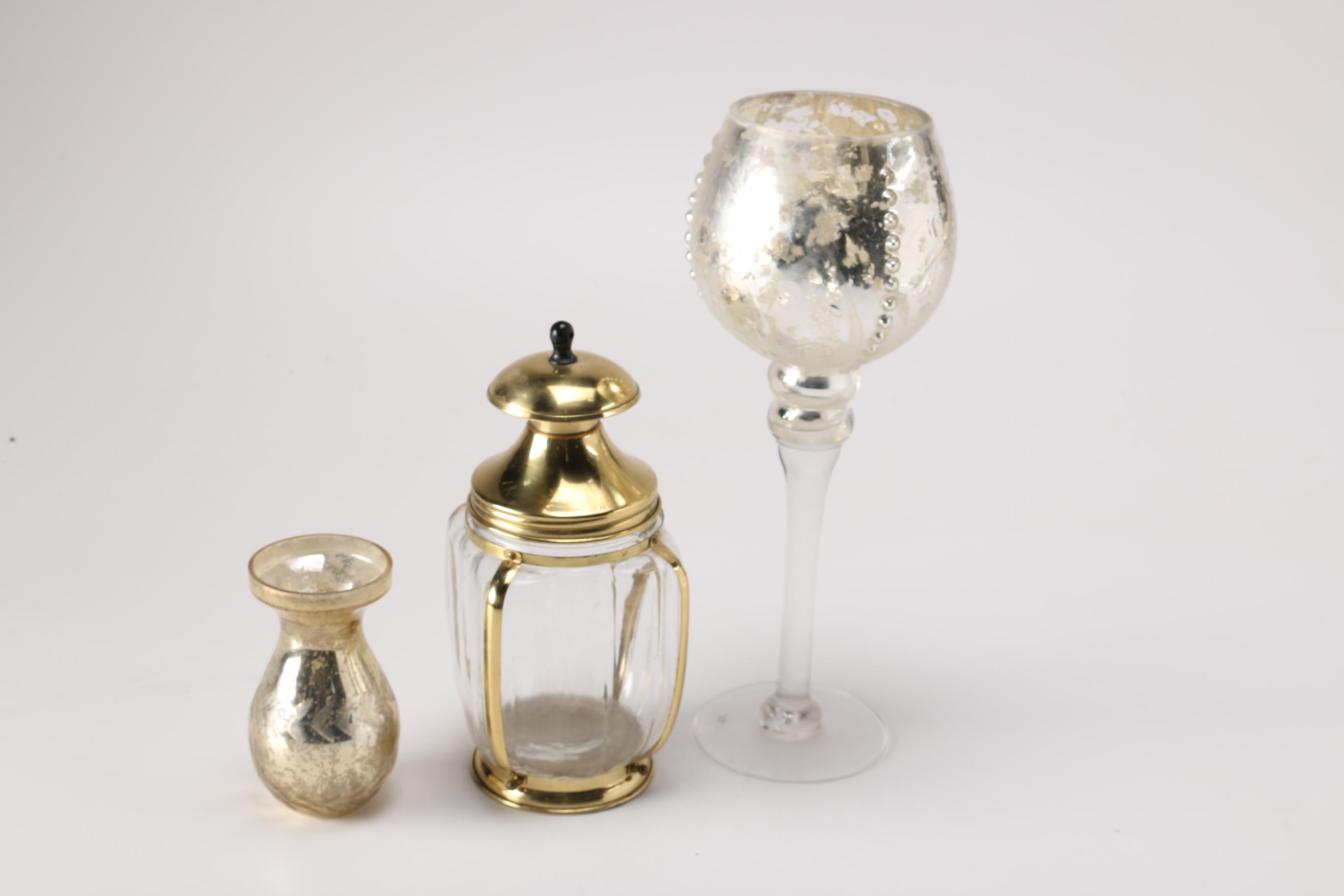 Mercury Glass Bud Vase and Goblet With Lidded Vessel
