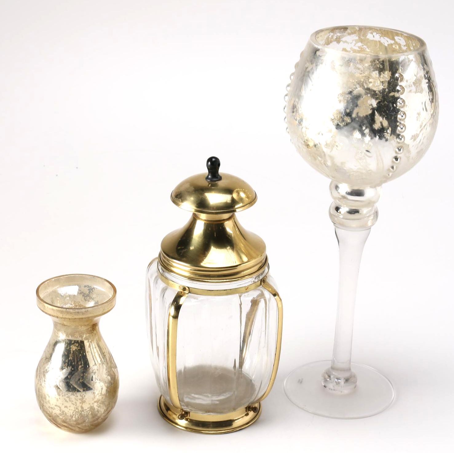 Mercury Glass Bud Vase and Goblet With Lidded Vessel