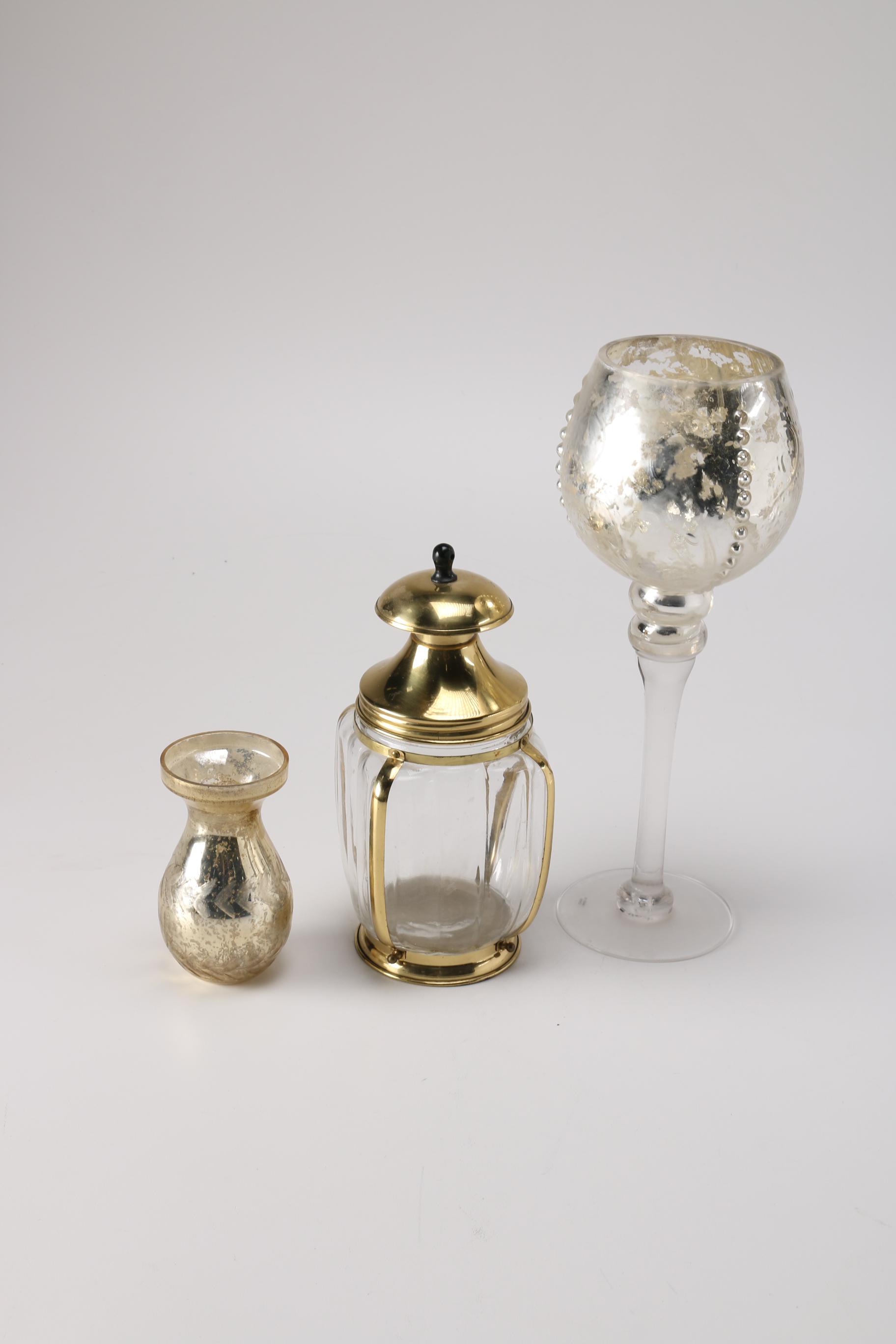 Mercury Glass Bud Vase and Goblet With Lidded Vessel