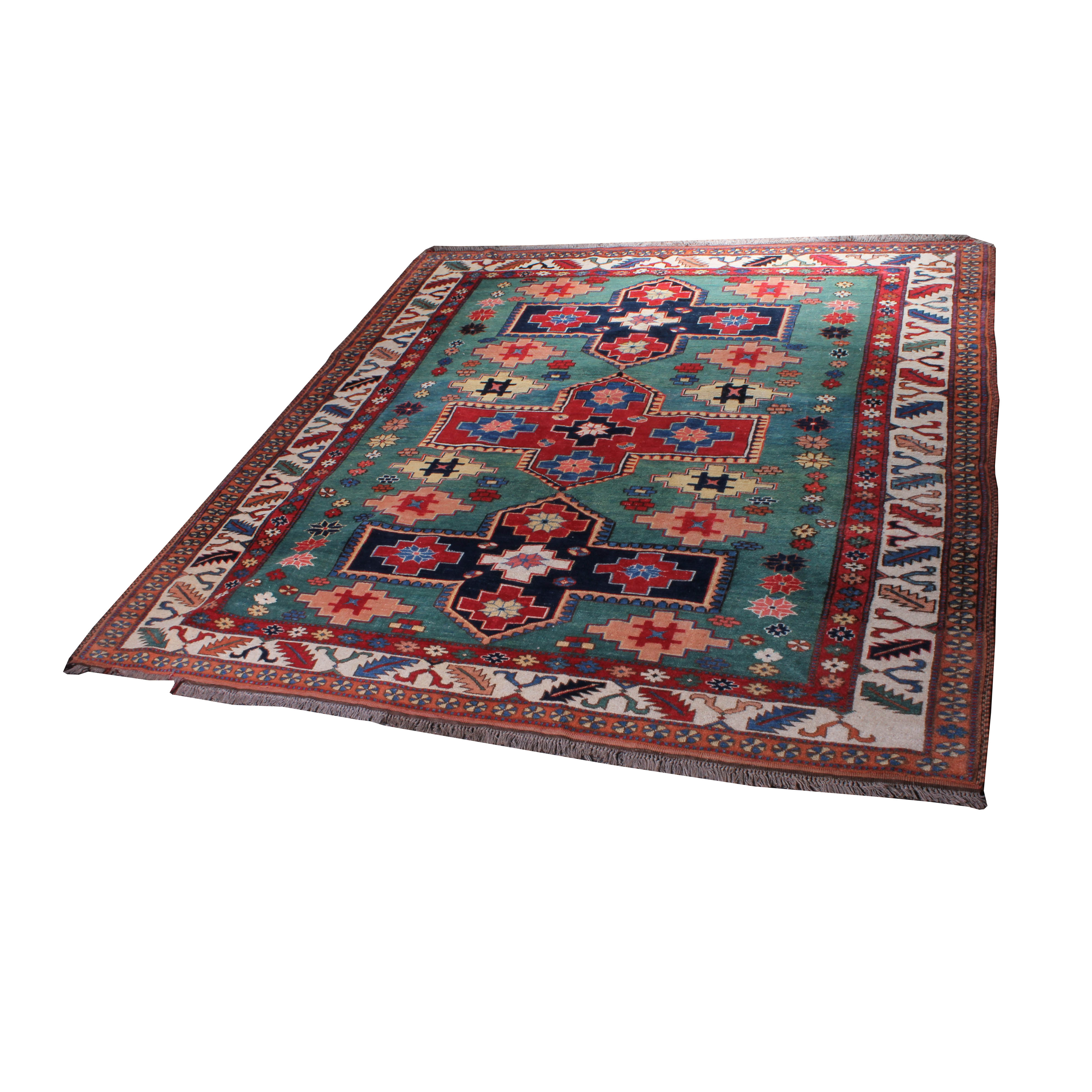 Semi-Antique Hand-Knotted Caucasian Kazak Wool Rug