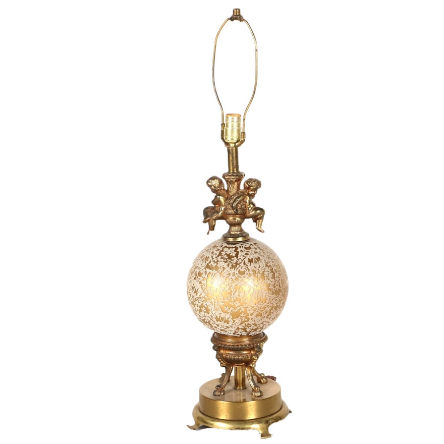 Baroque Inspired Brass and Glass Table Lamp With Putti