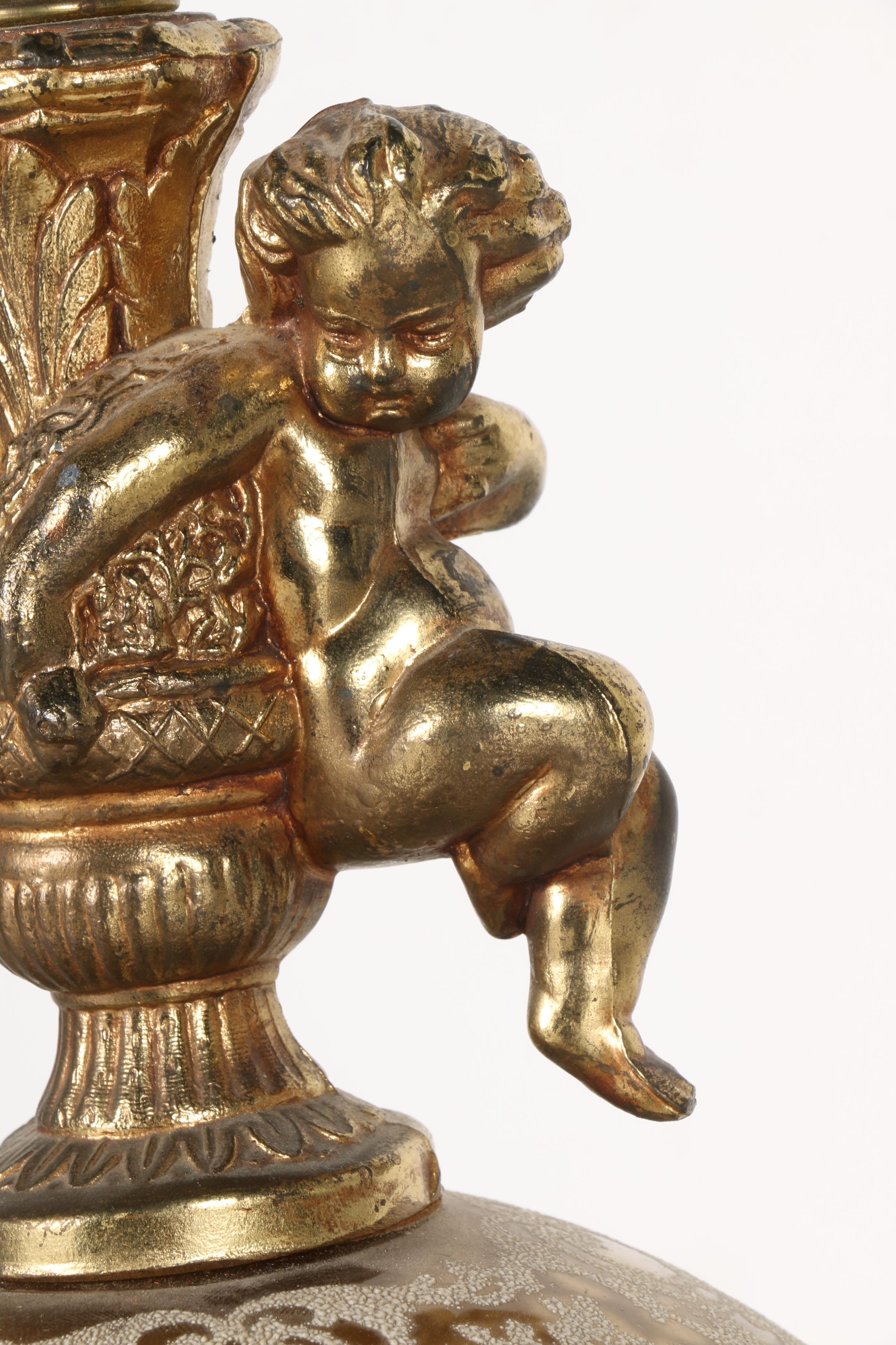 Baroque Inspired Brass and Glass Table Lamp With Putti
