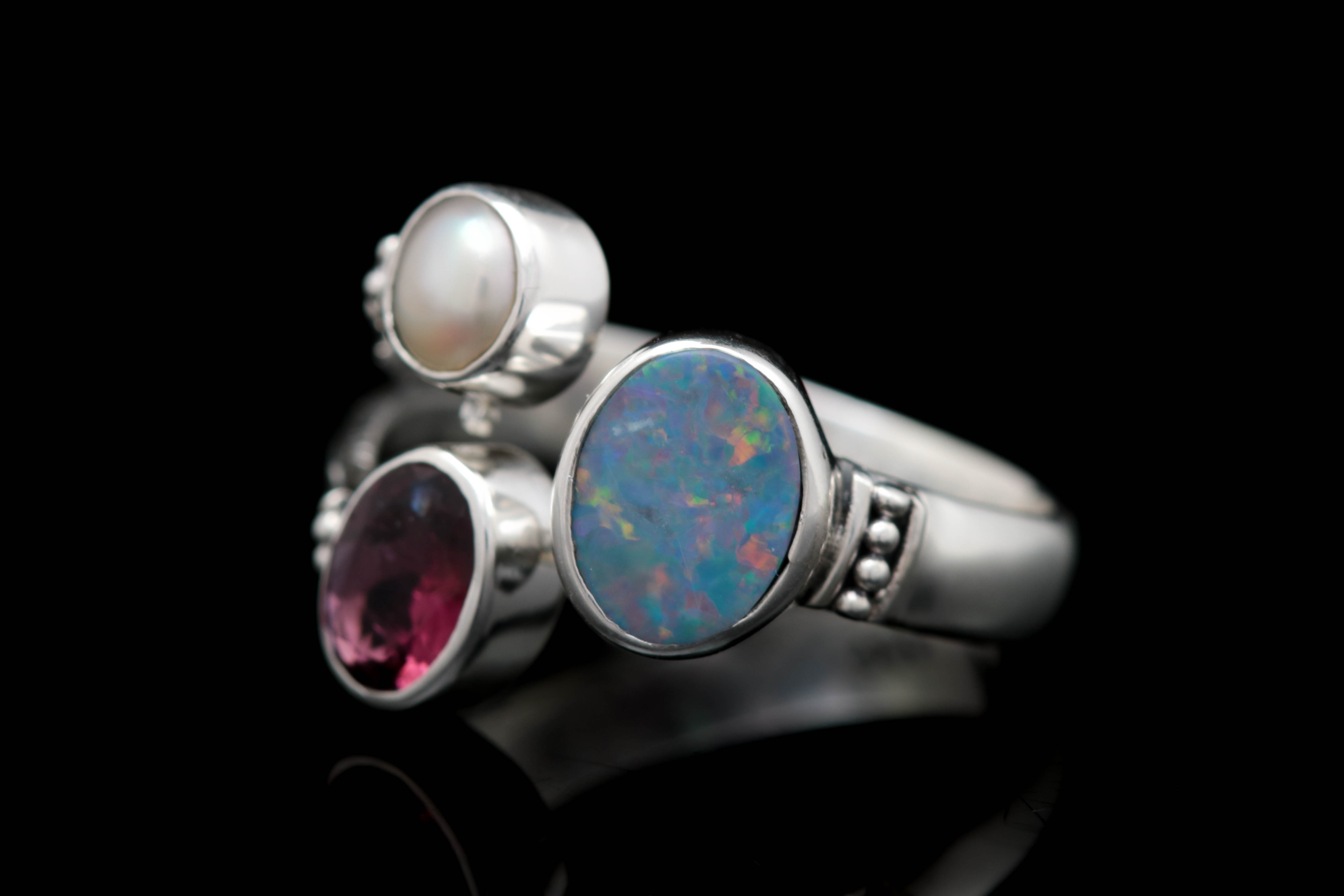 Sterling Silver, Pink Tourmaline, Pearl and Opal Doublet Ring