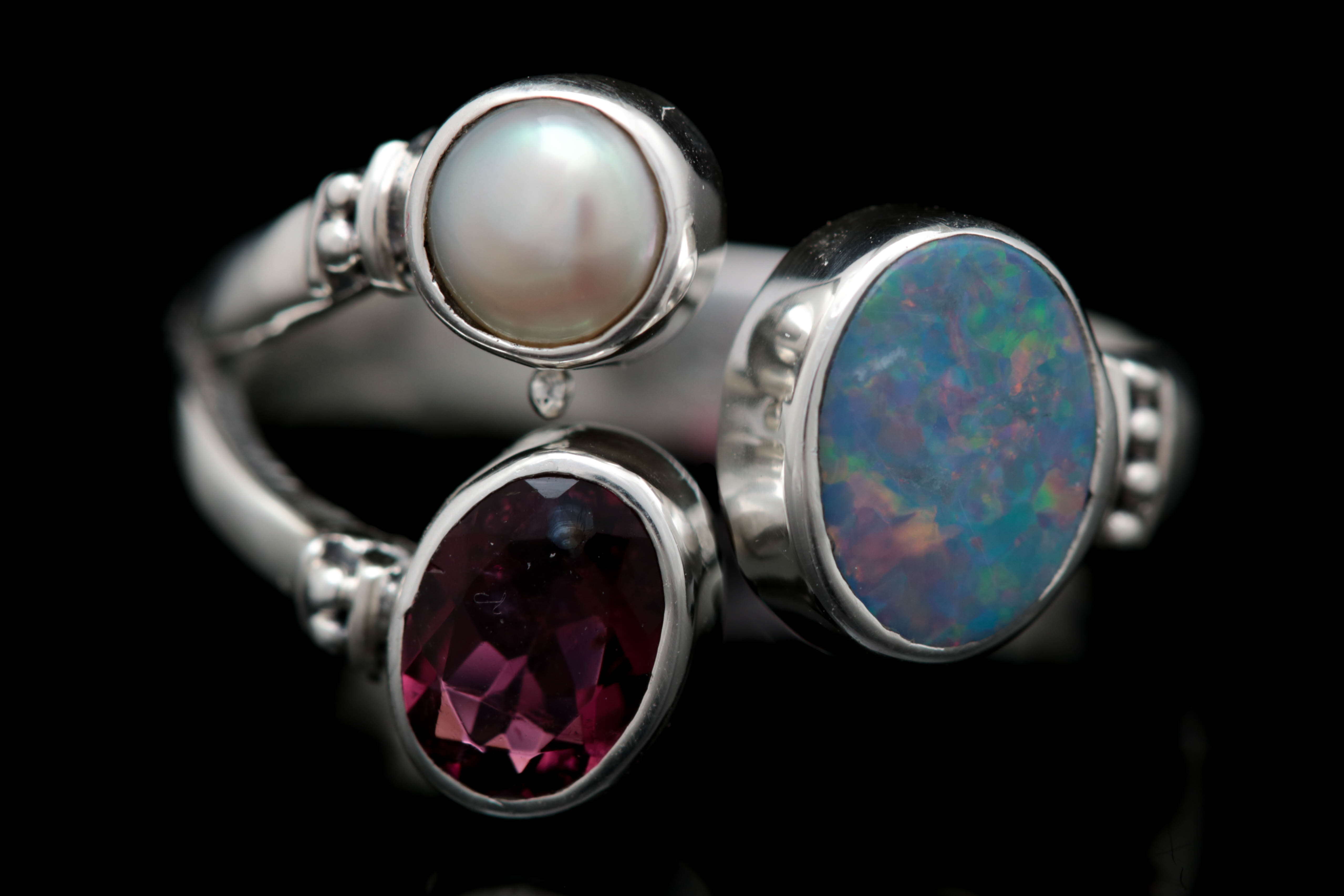 Sterling Silver, Pink Tourmaline, Pearl and Opal Doublet Ring