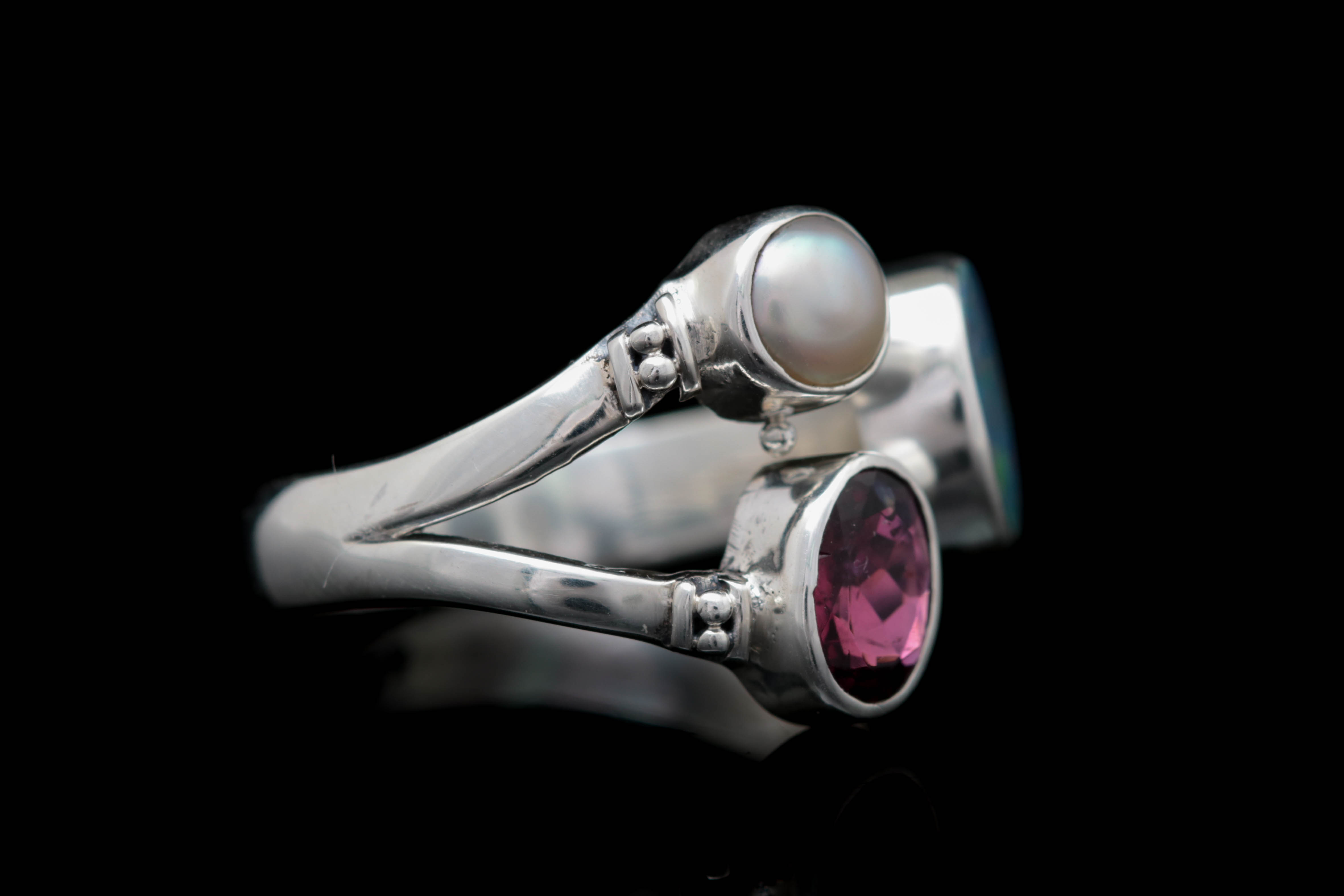 Sterling Silver, Pink Tourmaline, Pearl and Opal Doublet Ring