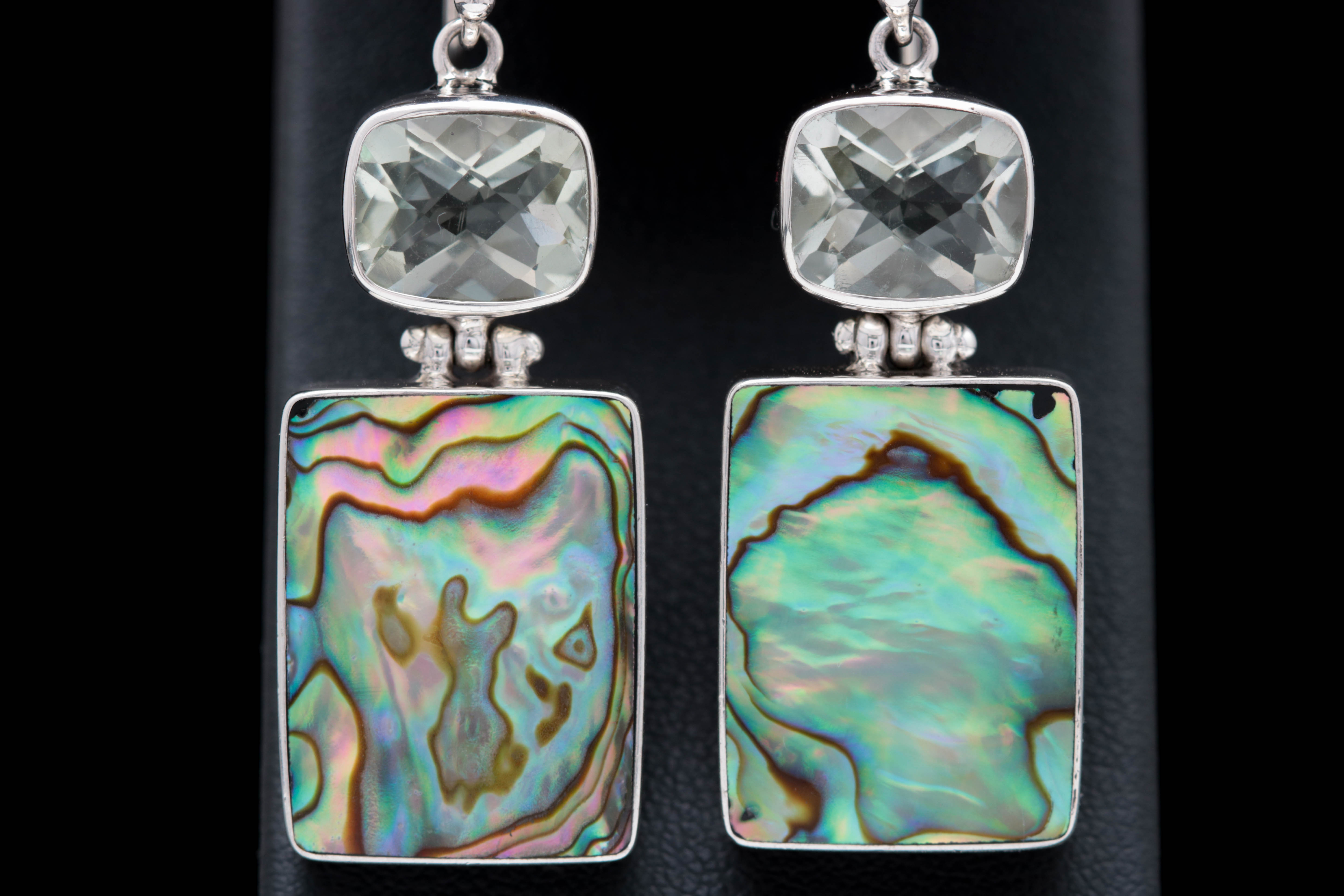Sterling Silver Prasiolite and Abalone Dangle Earrings