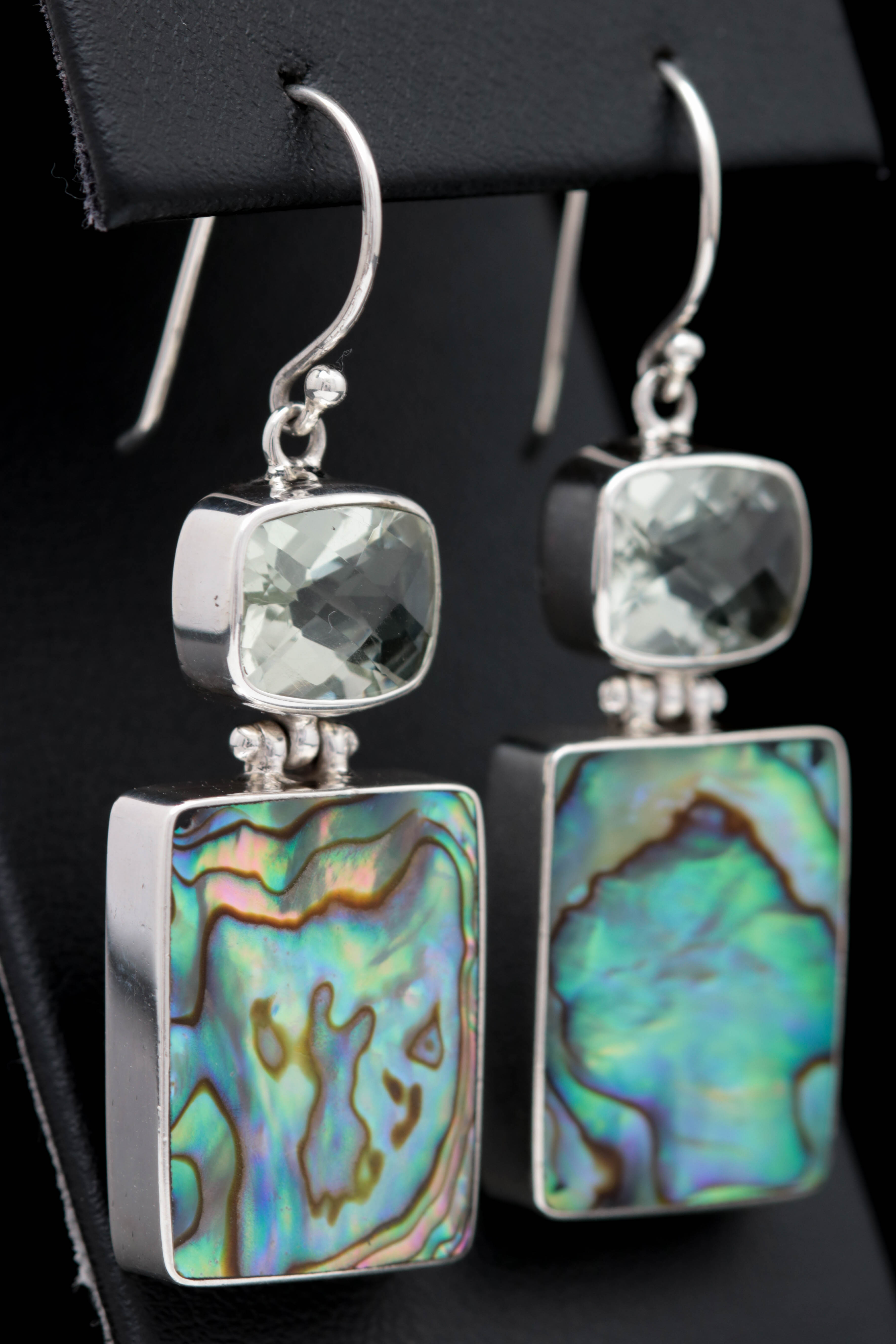 Sterling Silver Prasiolite and Abalone Dangle Earrings