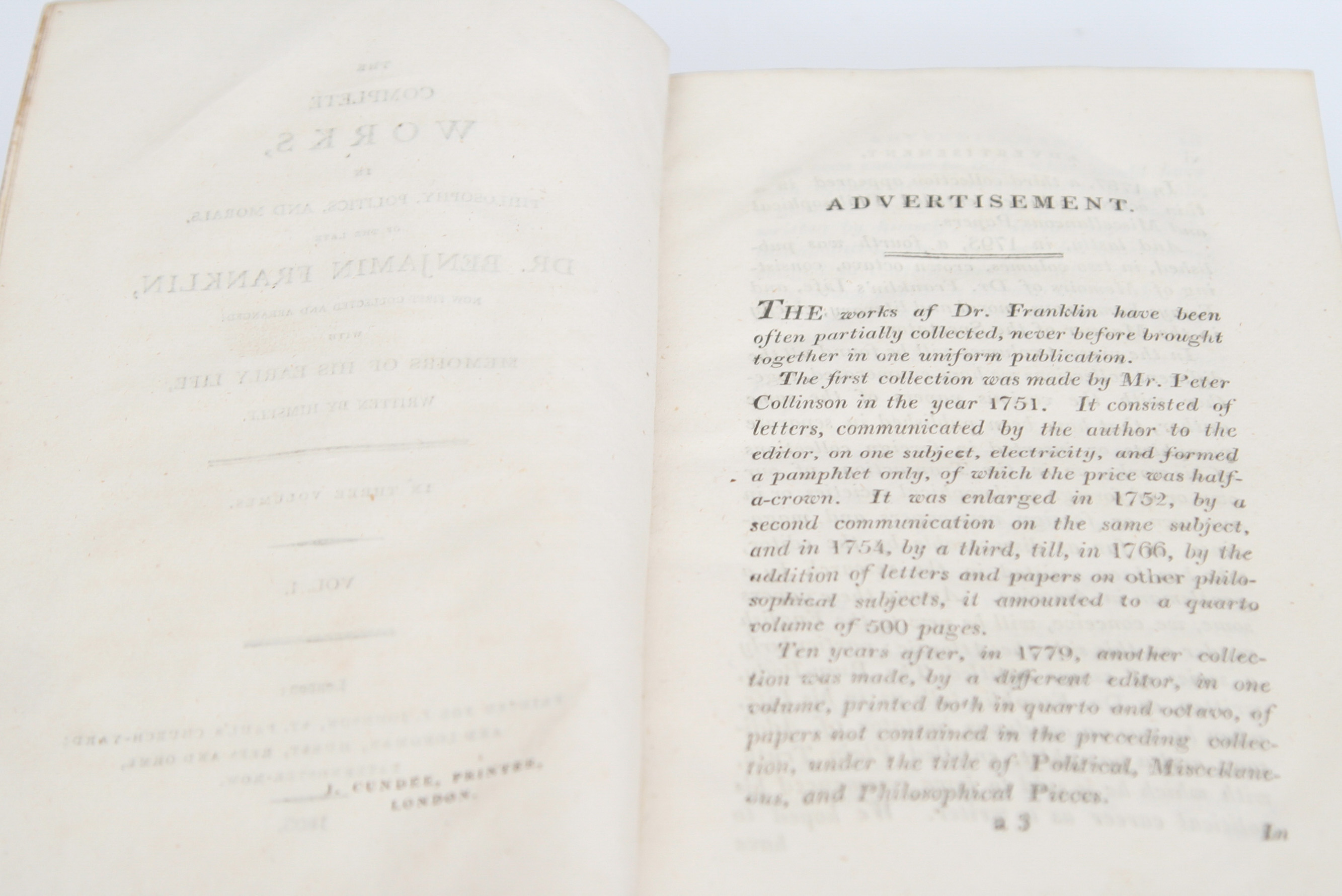 1806 "The Works of Dr. Benjamin Franklin", Volume I