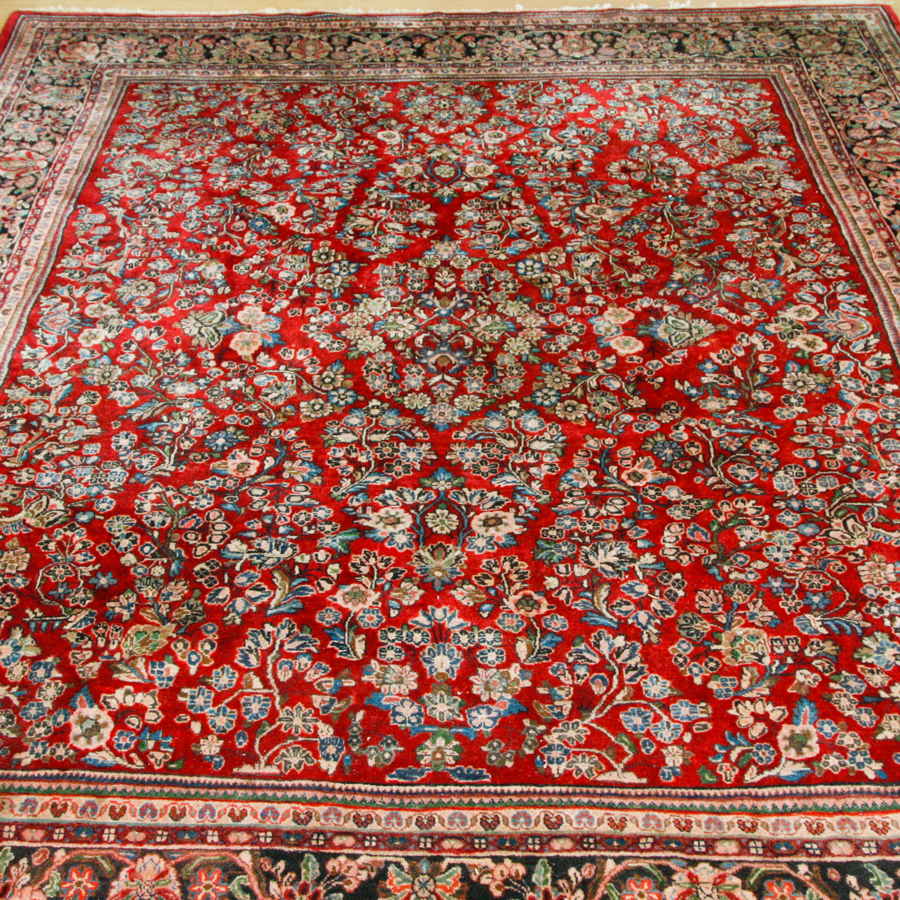 Large Hand-Knotted Sarouk Wool Area Rug