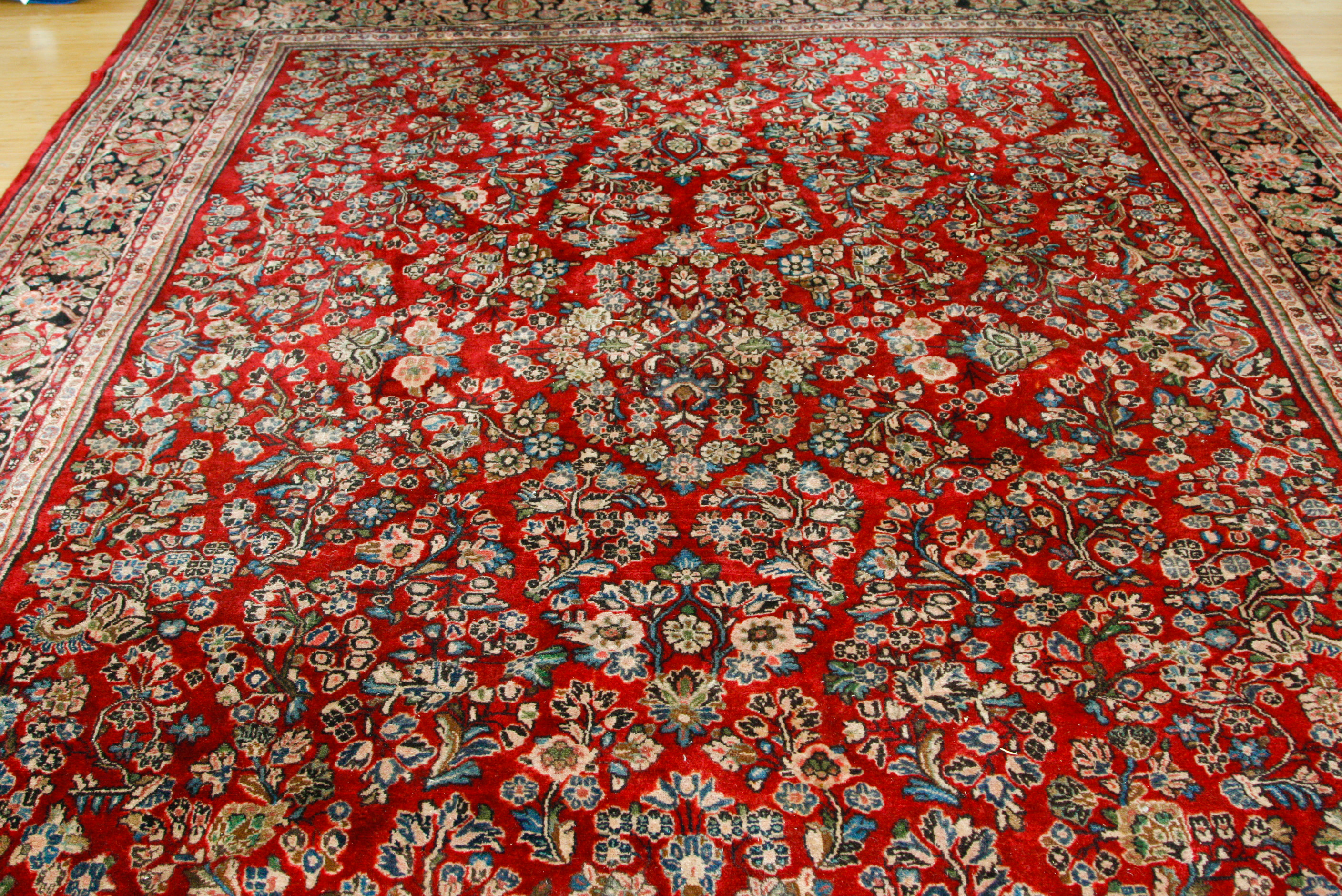 Large Hand-Knotted Sarouk Wool Area Rug