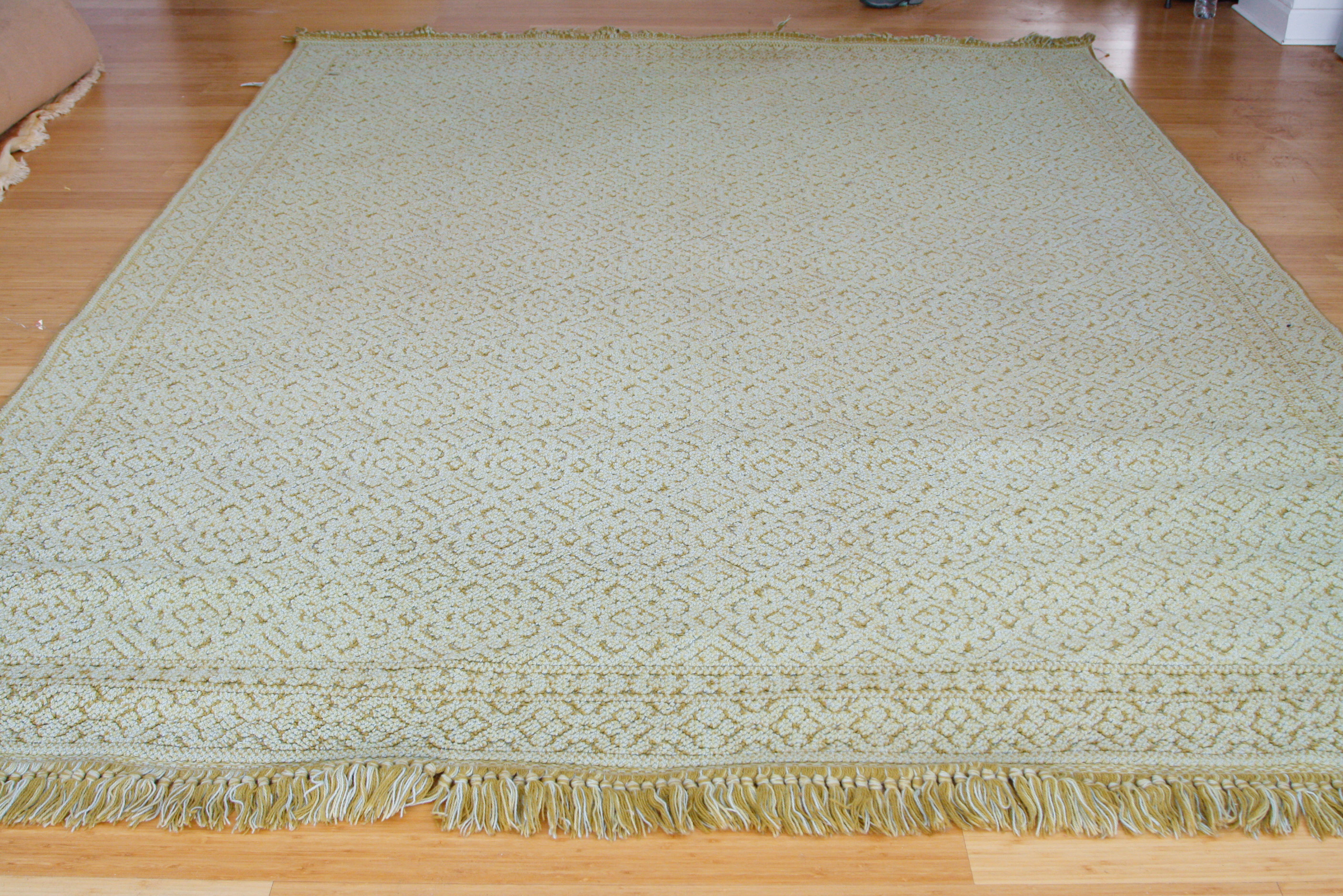 Tufted Turquoise and Olive Green Reversible Area Rug with Fringe