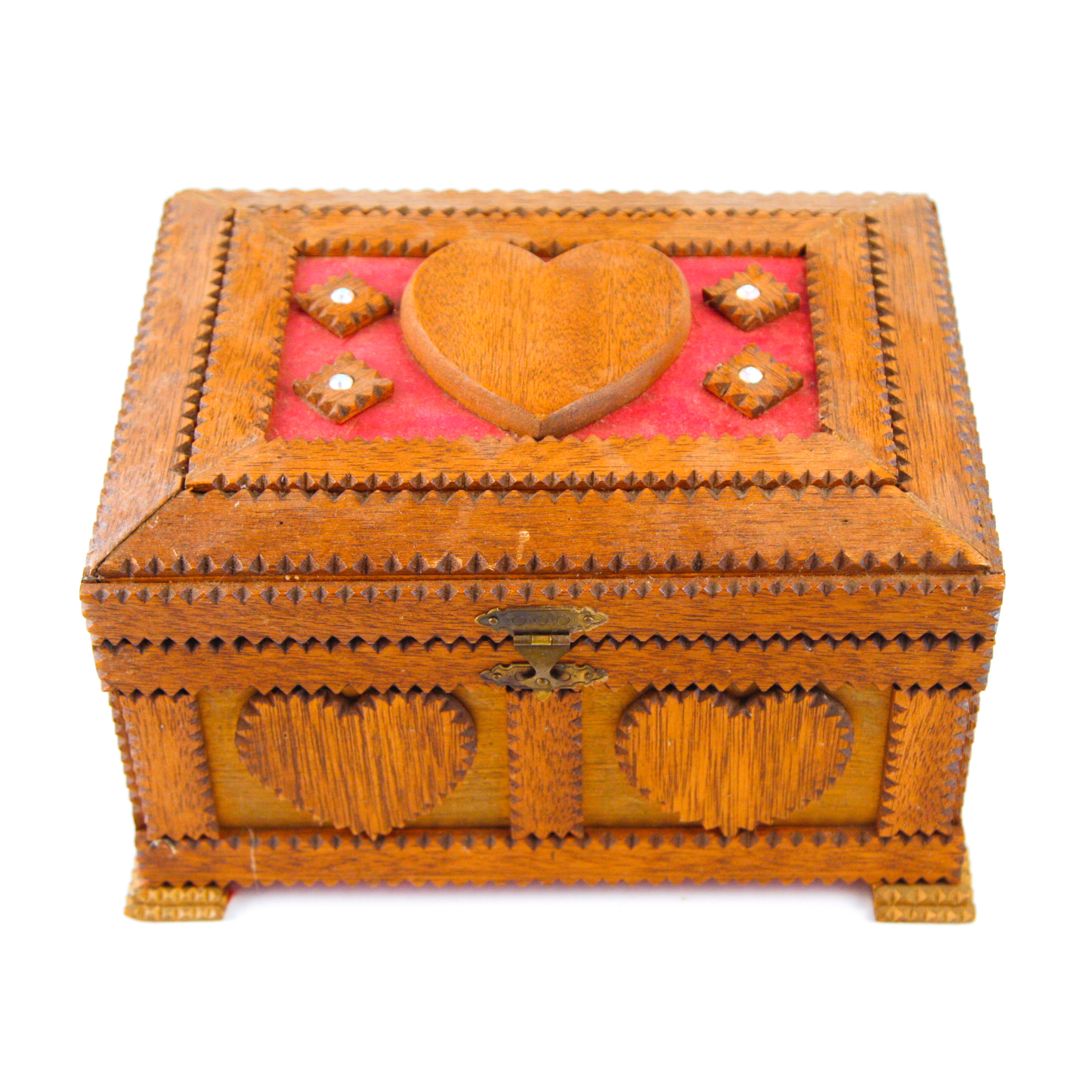 Carved Heart Tramp Art Jewelry Box