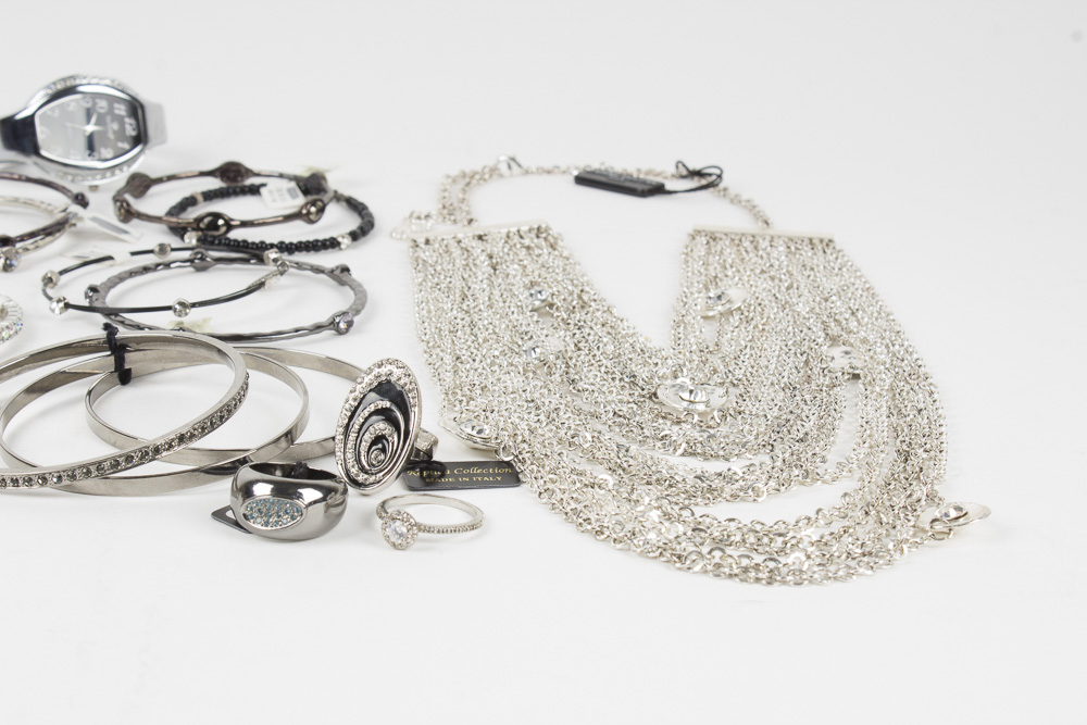 Group of Silver Tone and Black Costume Jewelry