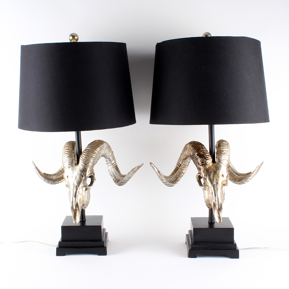 Ram Skull Sculpture Table Lamp Pair