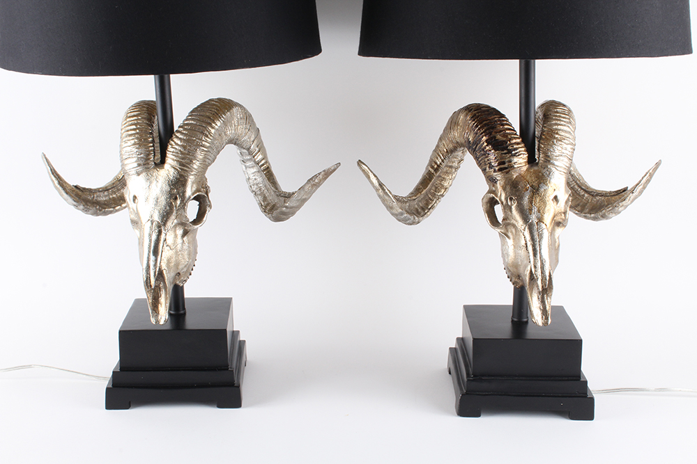 Ram Skull Sculpture Table Lamp Pair