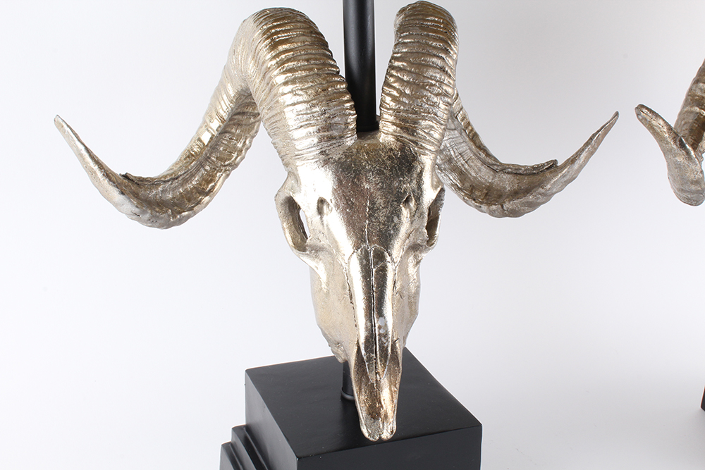 Ram Skull Sculpture Table Lamp Pair