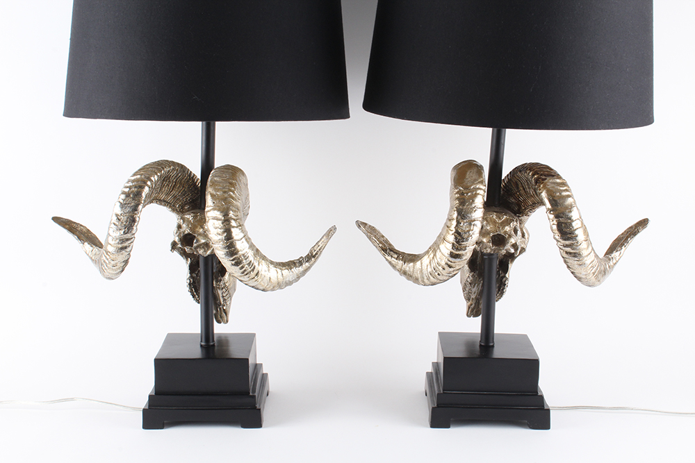 Ram Skull Sculpture Table Lamp Pair