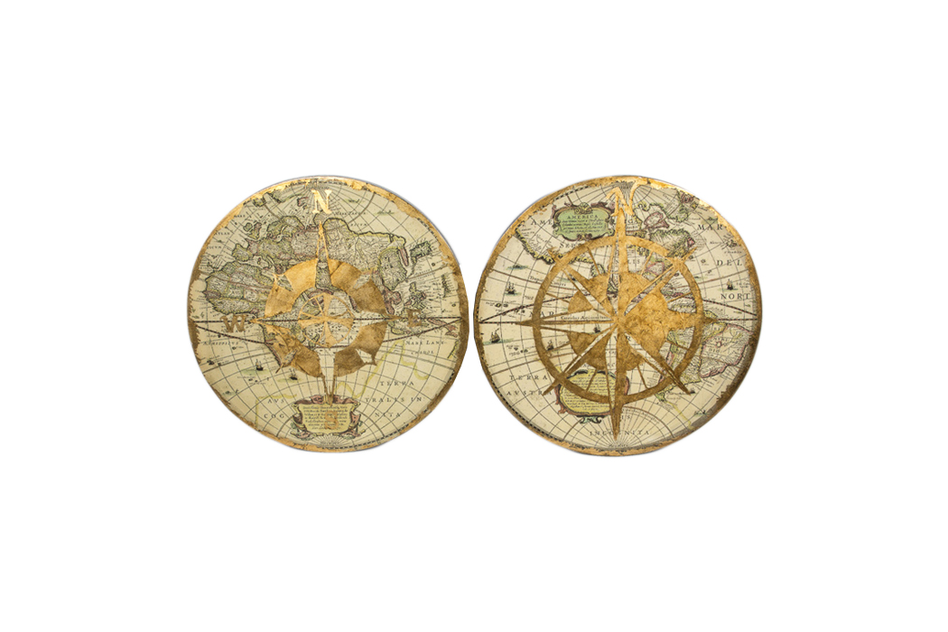 Offset Lithographs of Antique Globes With Golden Compass Appliqué