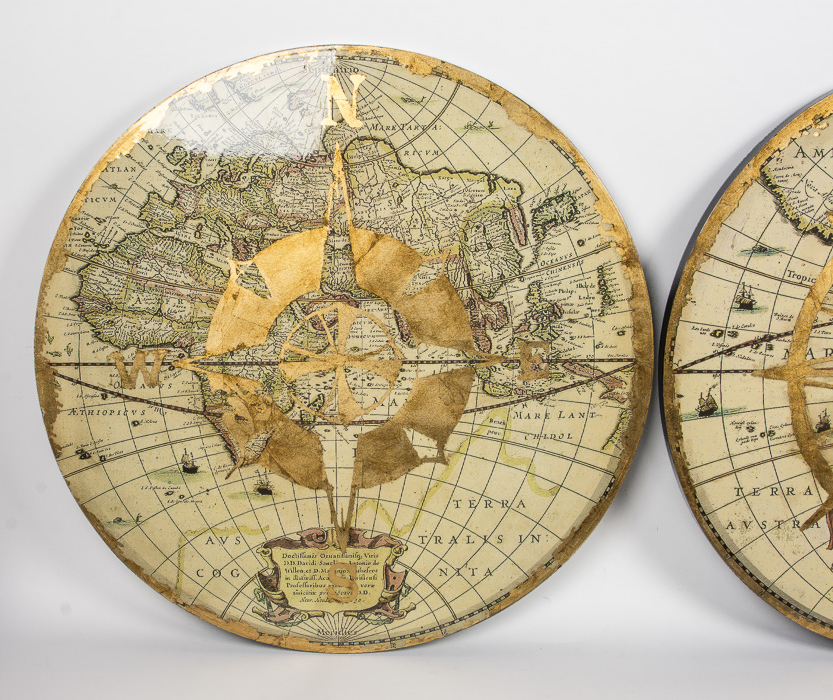 Offset Lithographs of Antique Globes With Golden Compass Appliqué