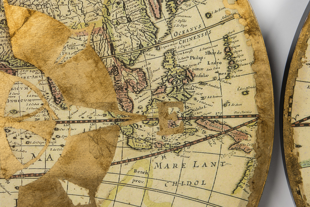 Offset Lithographs of Antique Globes With Golden Compass Appliqué