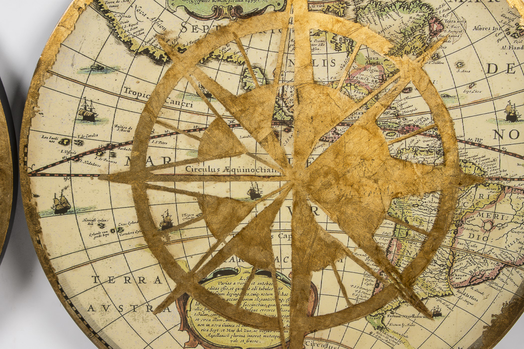 Offset Lithographs of Antique Globes With Golden Compass Appliqué