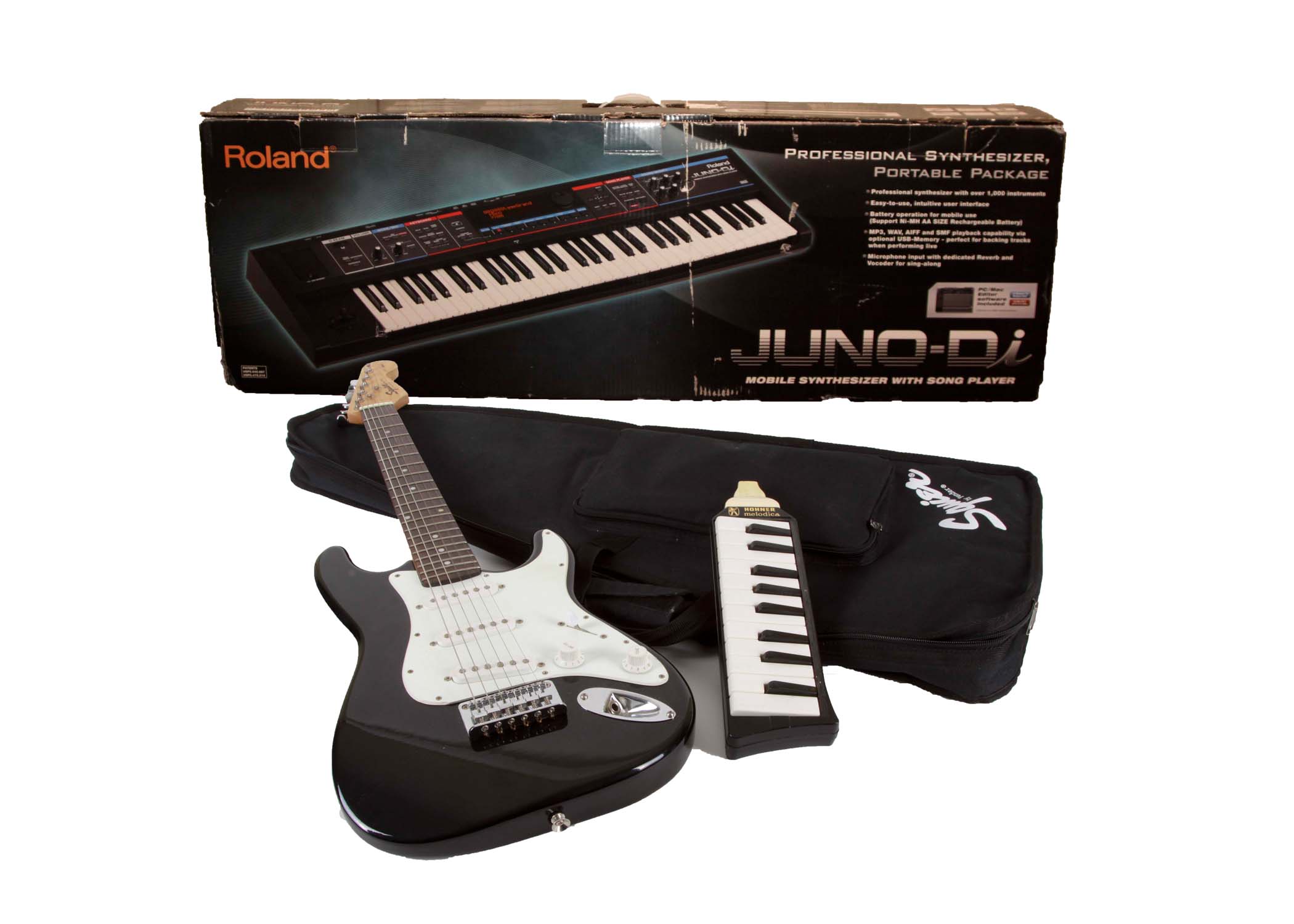 Fender Squire Mini Electric Guitar, Roland Synth, Hohner Melodica