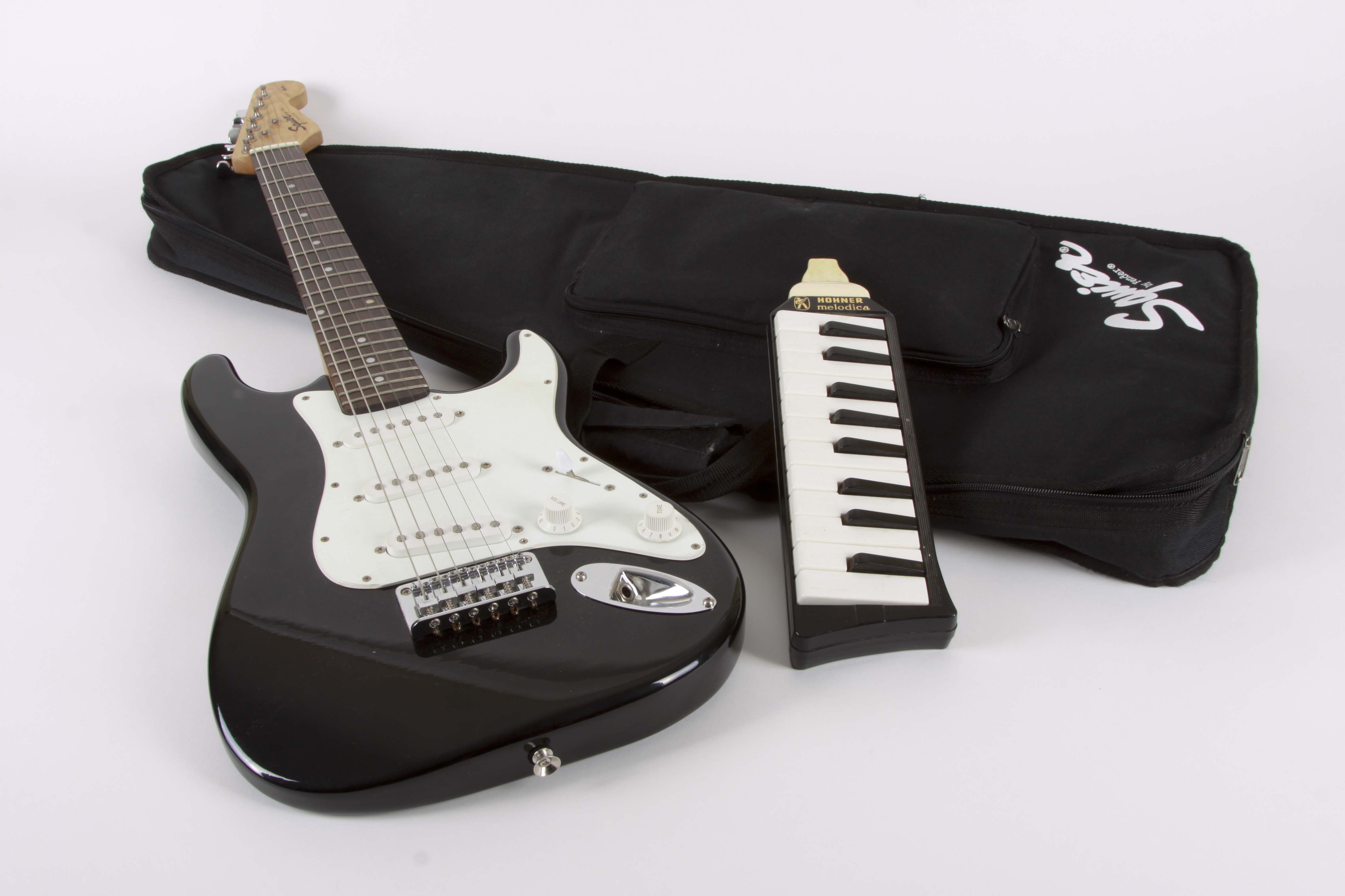 Fender Squire Mini Electric Guitar, Roland Synth, Hohner Melodica