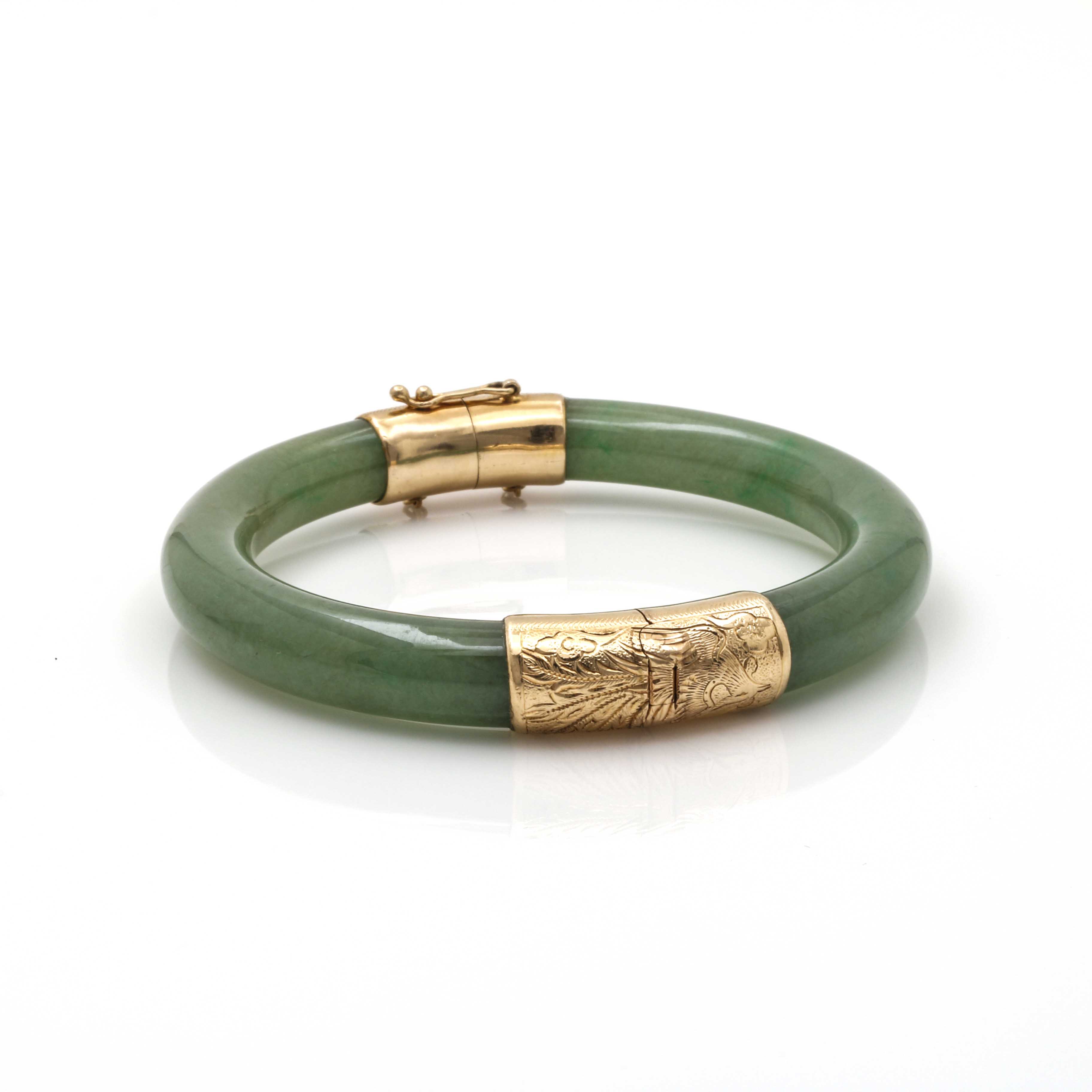 Hinged Jadeite Bangle Bracelet With 14K Yellow Gold Findings