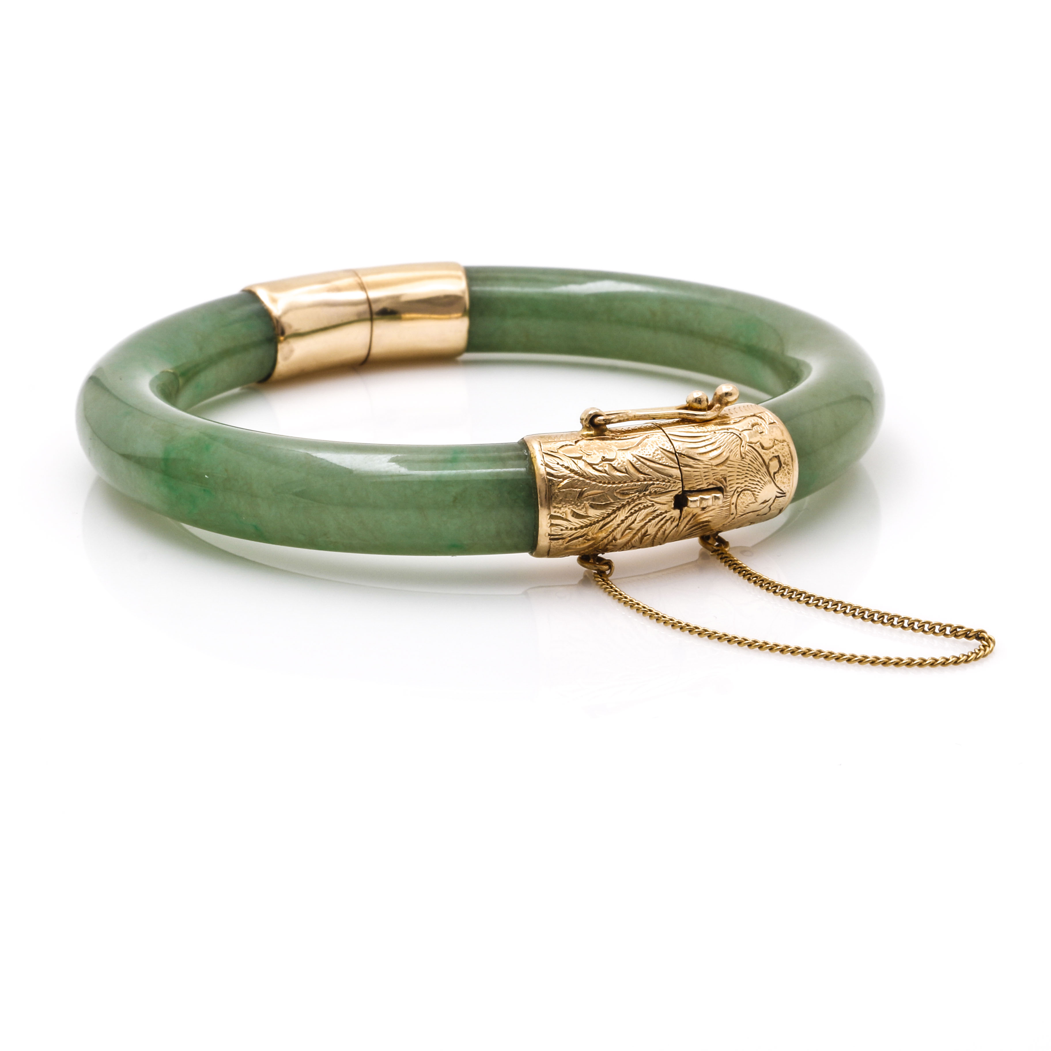 Hinged Jadeite Bangle Bracelet With 14K Yellow Gold Findings