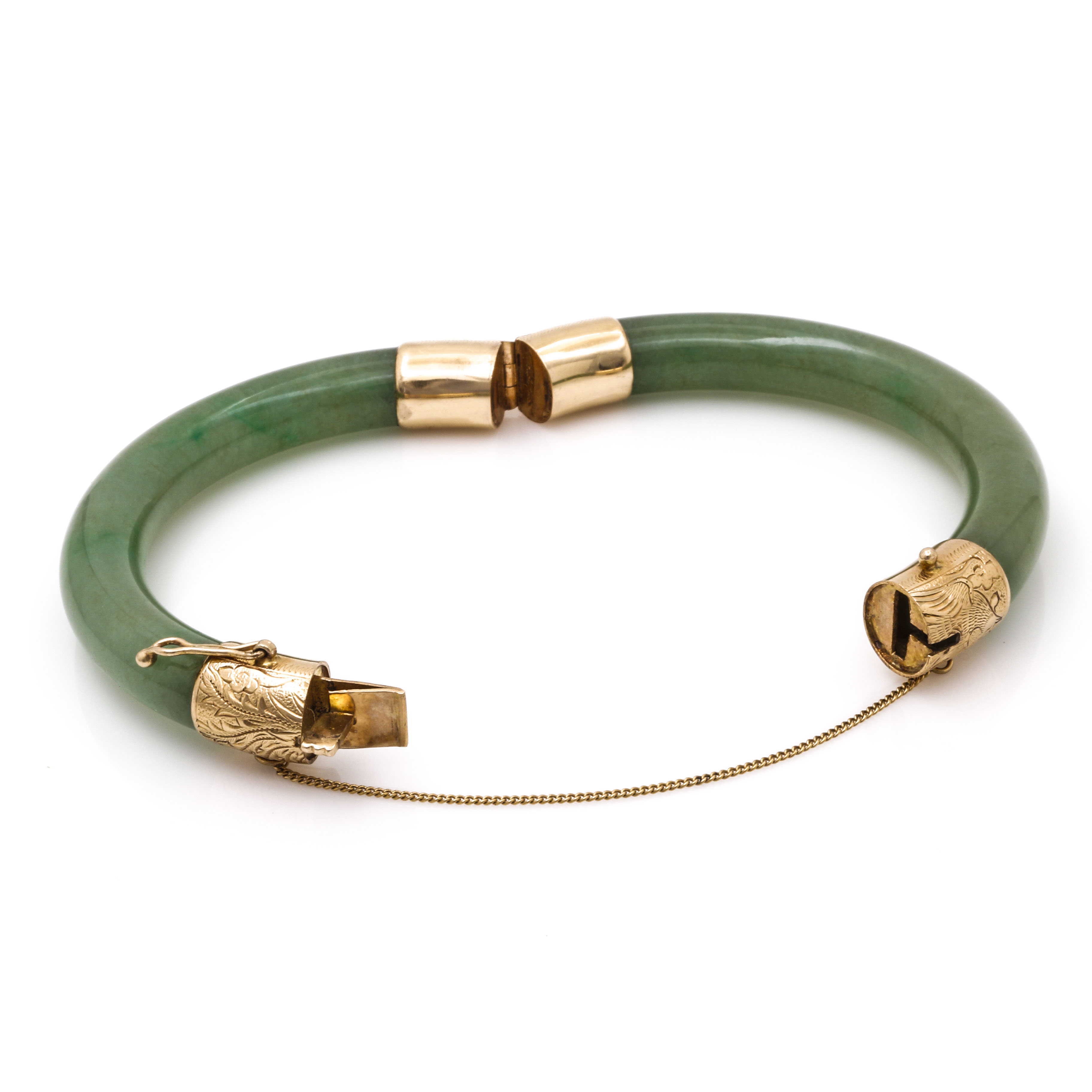 Hinged Jadeite Bangle Bracelet With 14K Yellow Gold Findings