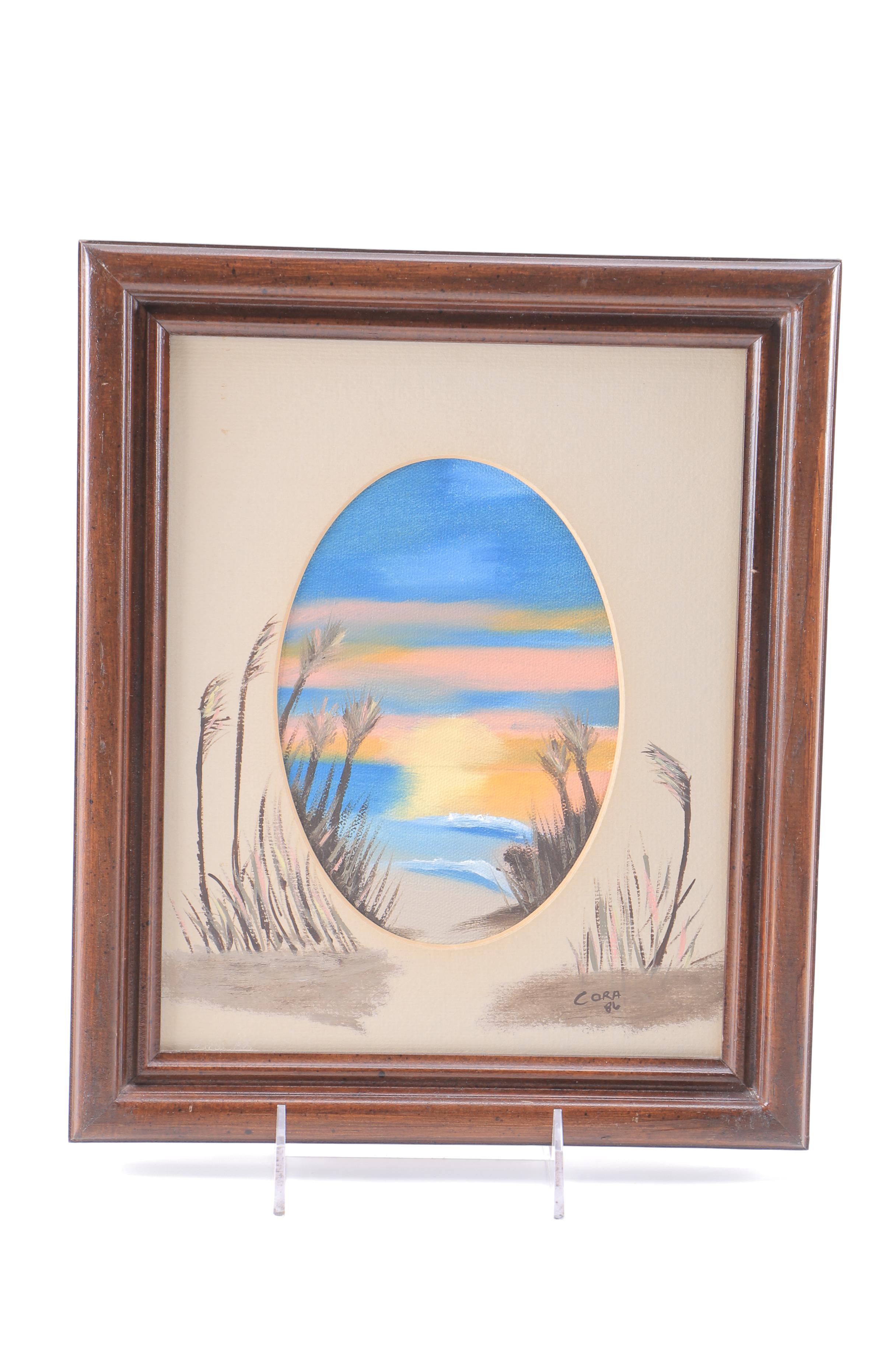 1986 Cora Oil on Canvas Beachscape and Oil of Wood Winterscape