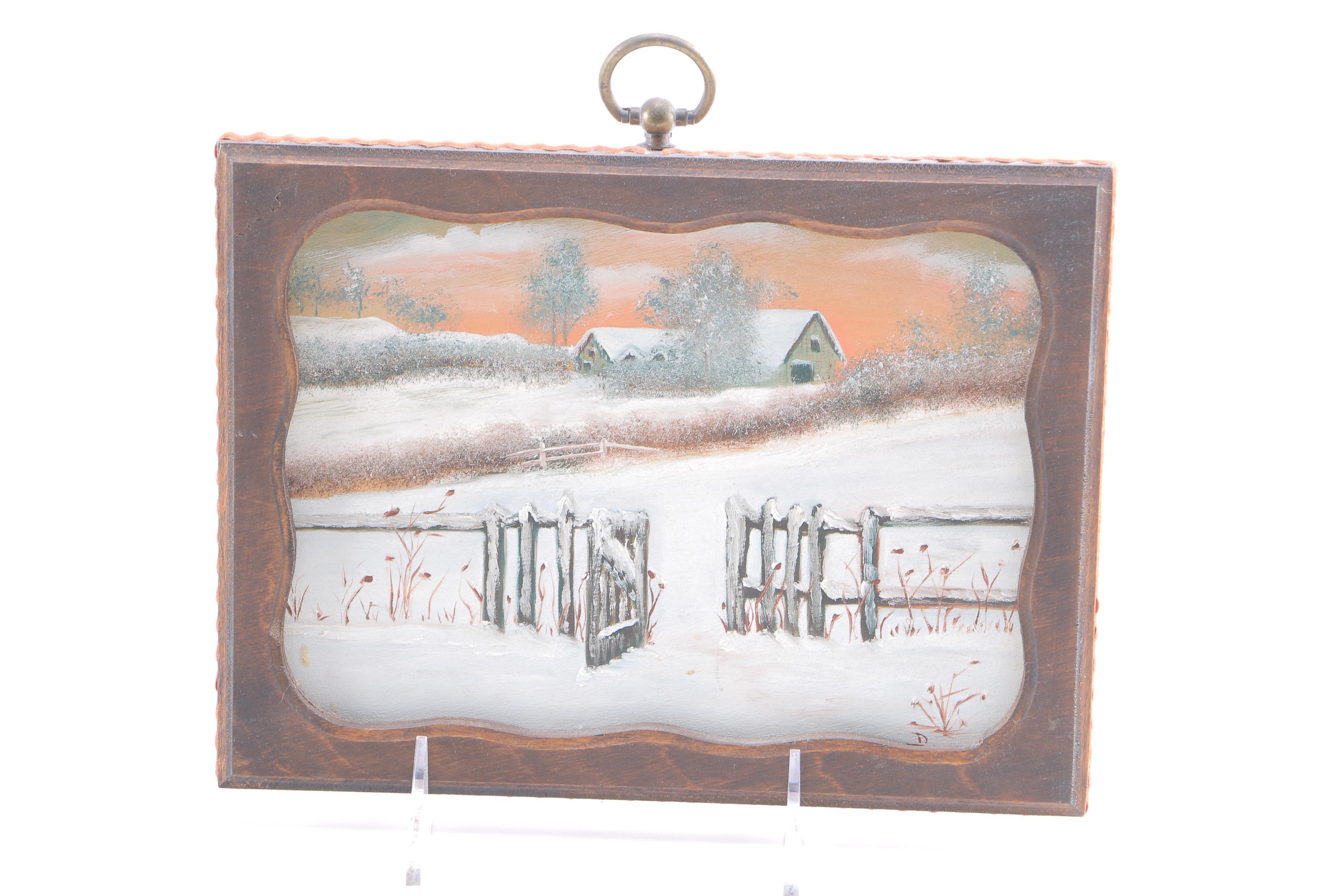 1986 Cora Oil on Canvas Beachscape and Oil of Wood Winterscape