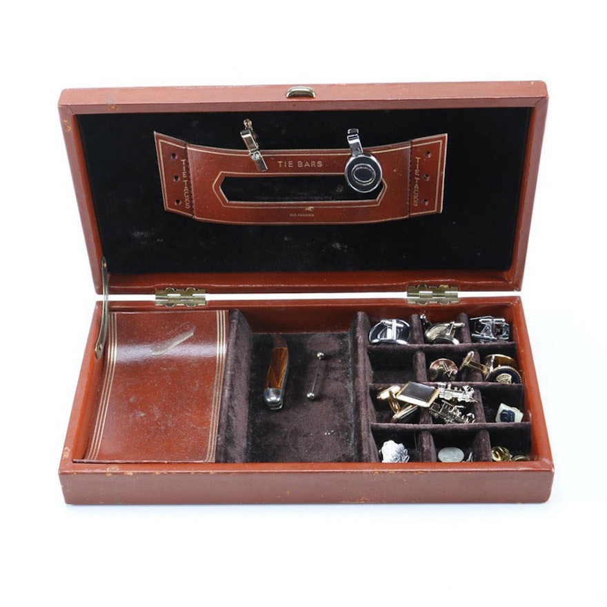 Men's Accessories With Leather Case, Including Cufflinks and Pocket Knife