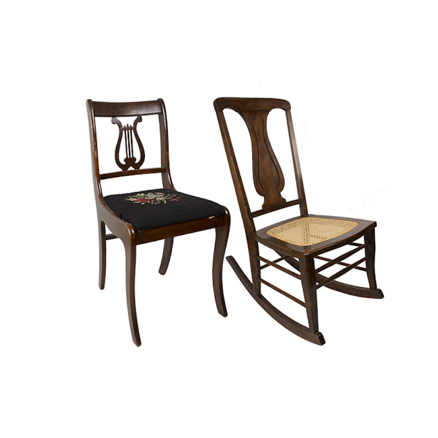 Regency Style Mahogany Chair and Walnut Cane Seat Rocker