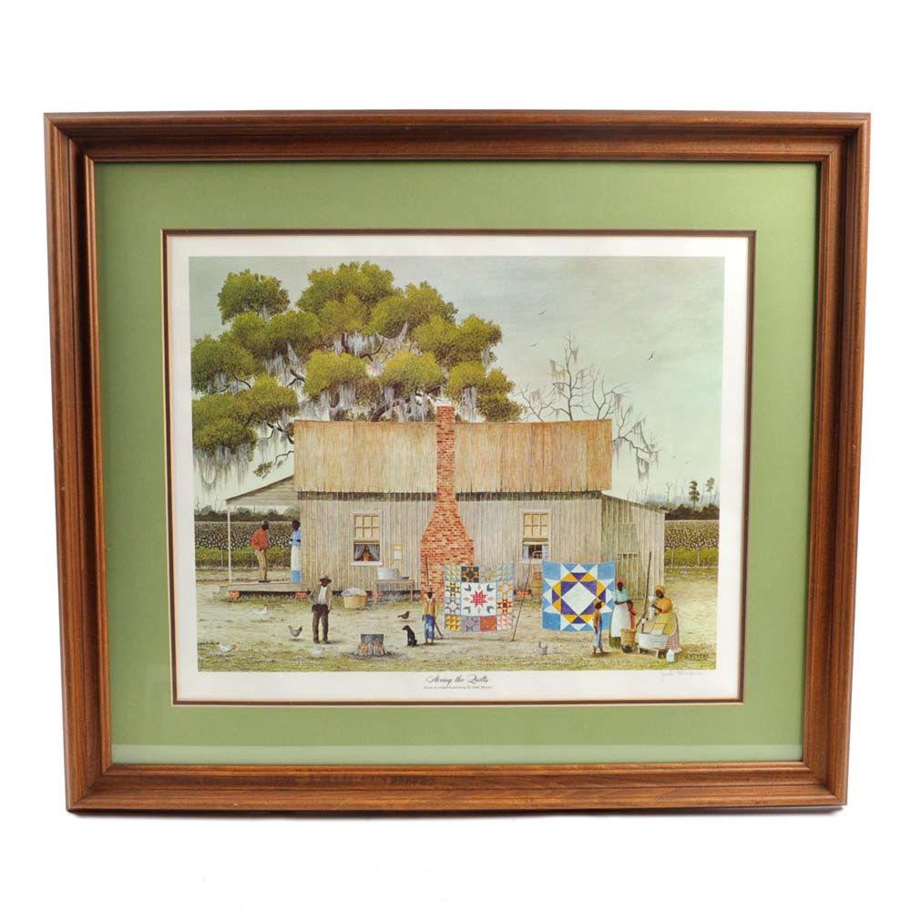 Jack Meyers Signed Offset Lithograph "Airing the Quilts"