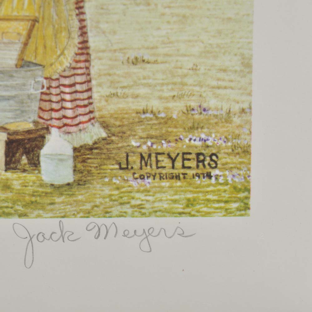 Jack Meyers Signed Offset Lithograph "Airing the Quilts"
