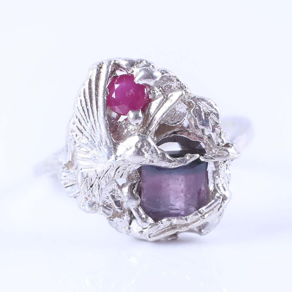Sterling Silver Watermelon Tourmaline and Ruby Ring
